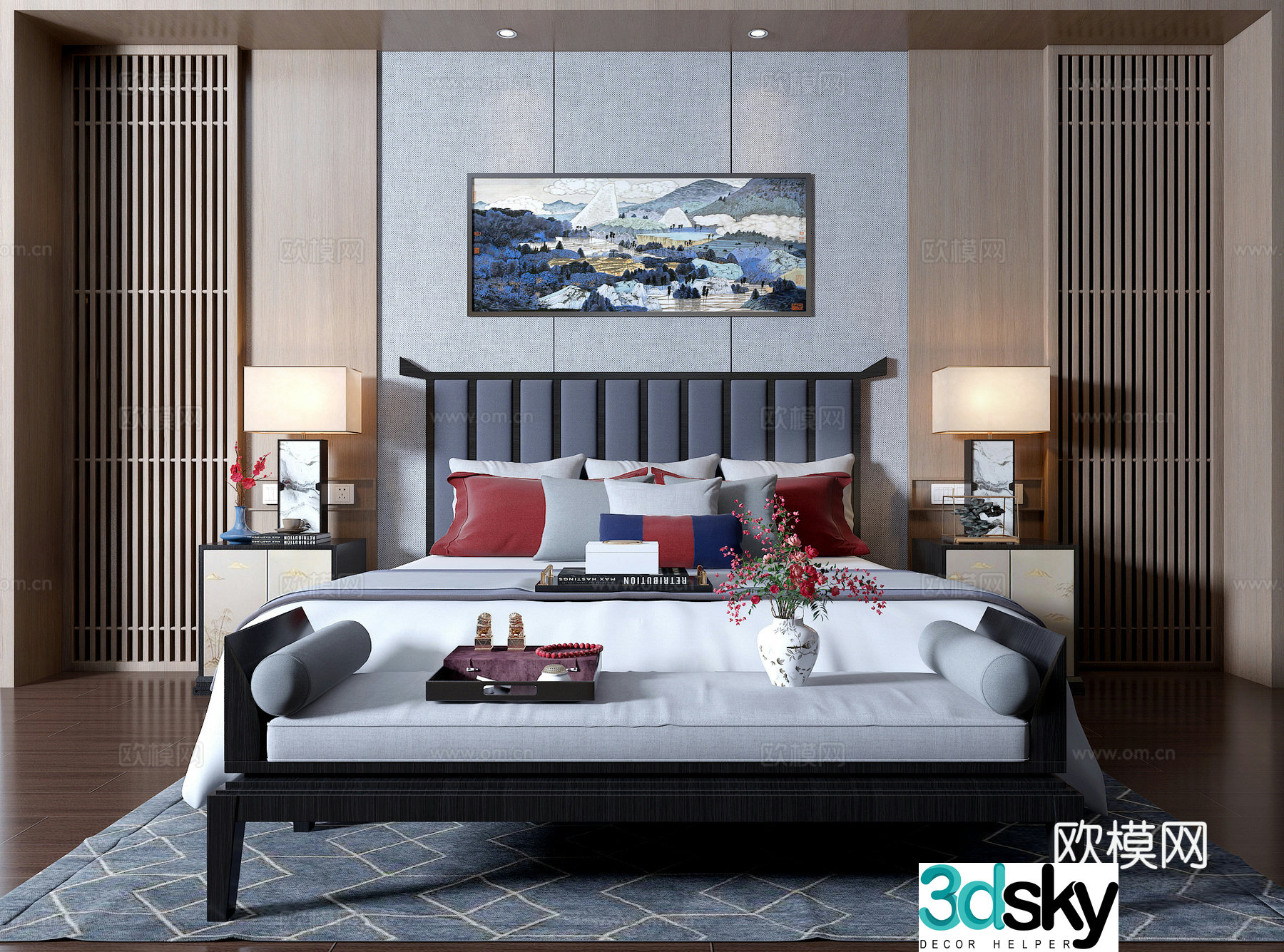 New Chinese double bed combination 3D model