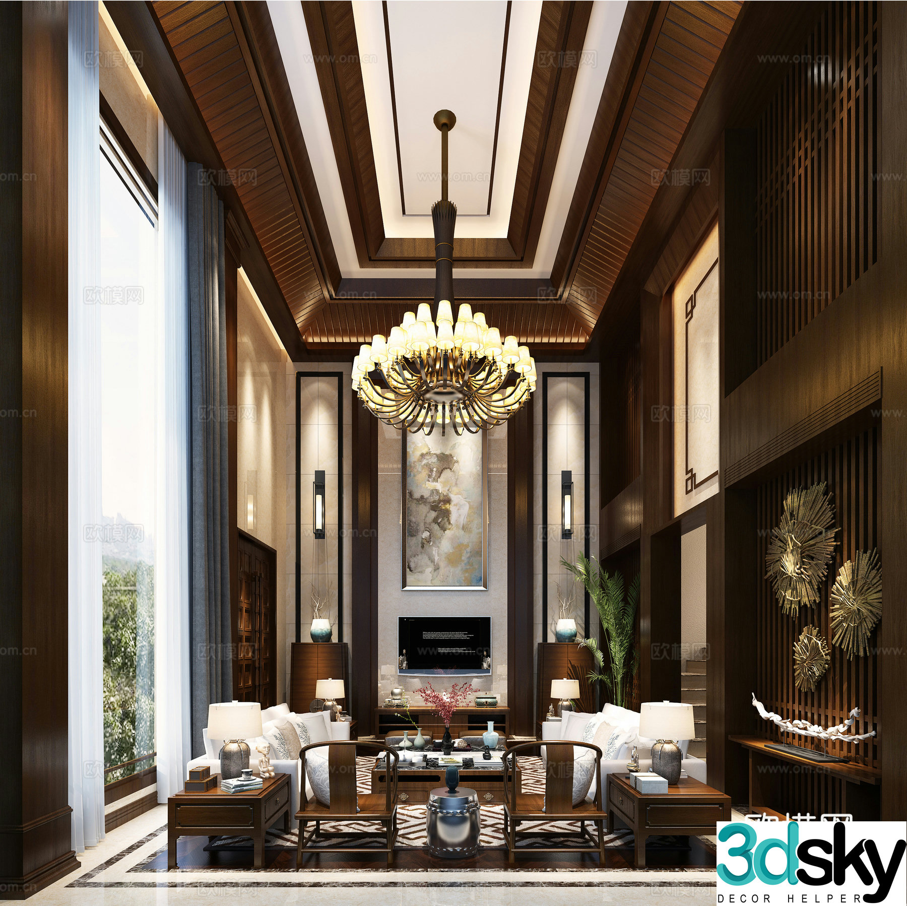 New Chinese style living room sofa background wall curtains lamps railings 3d model