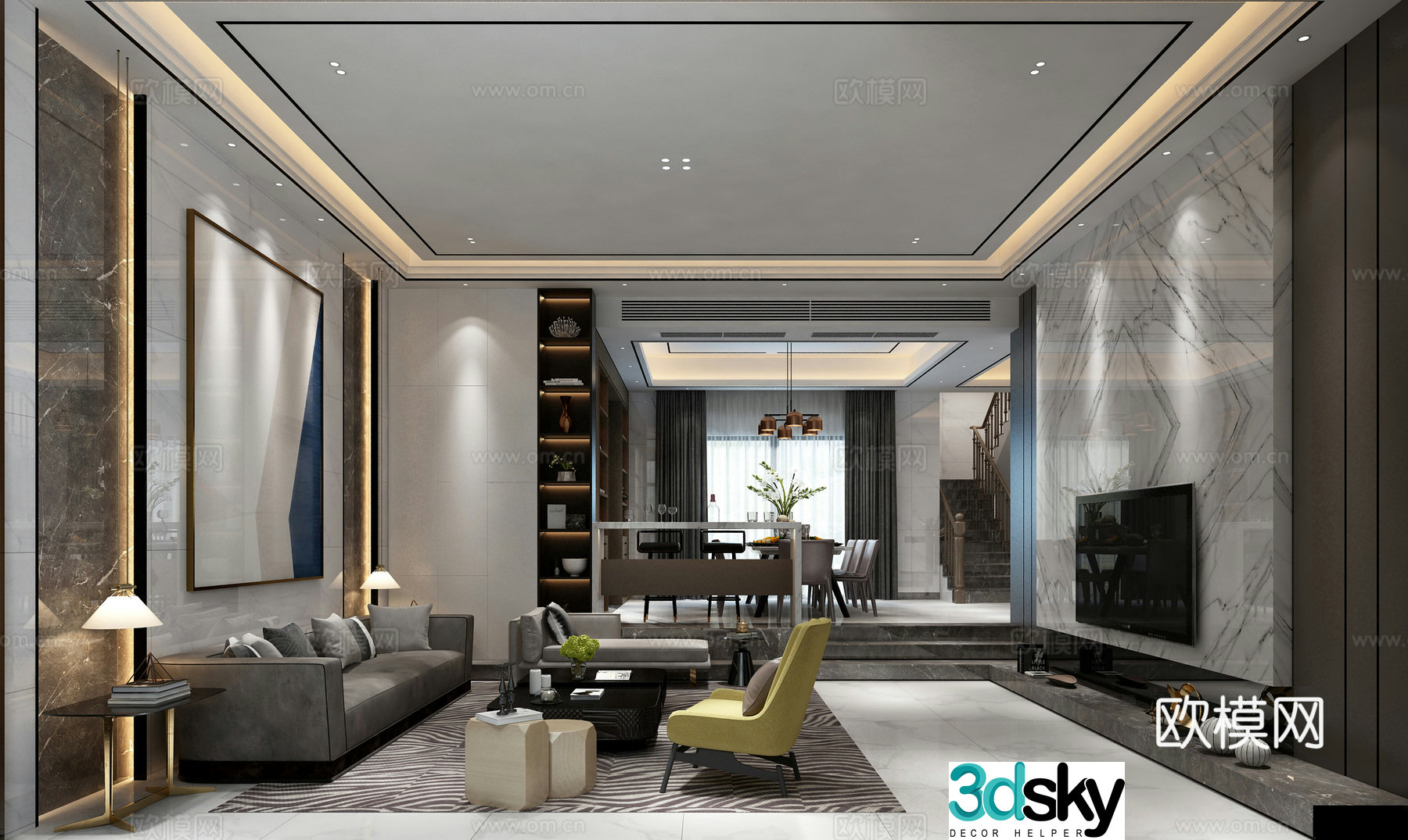 Modern minimalist living room dining room 3d model