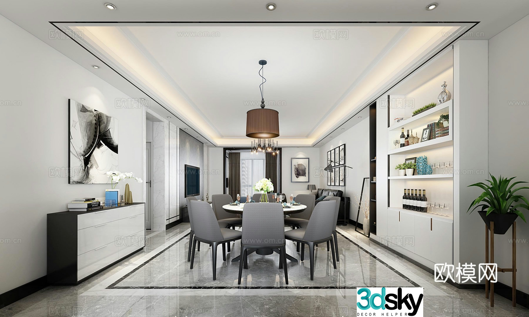 Modern living and dining room model 3d model