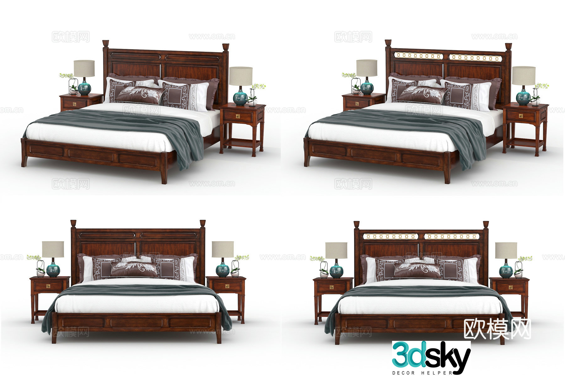 Chinese double bed nightstand ornament combination 3D model