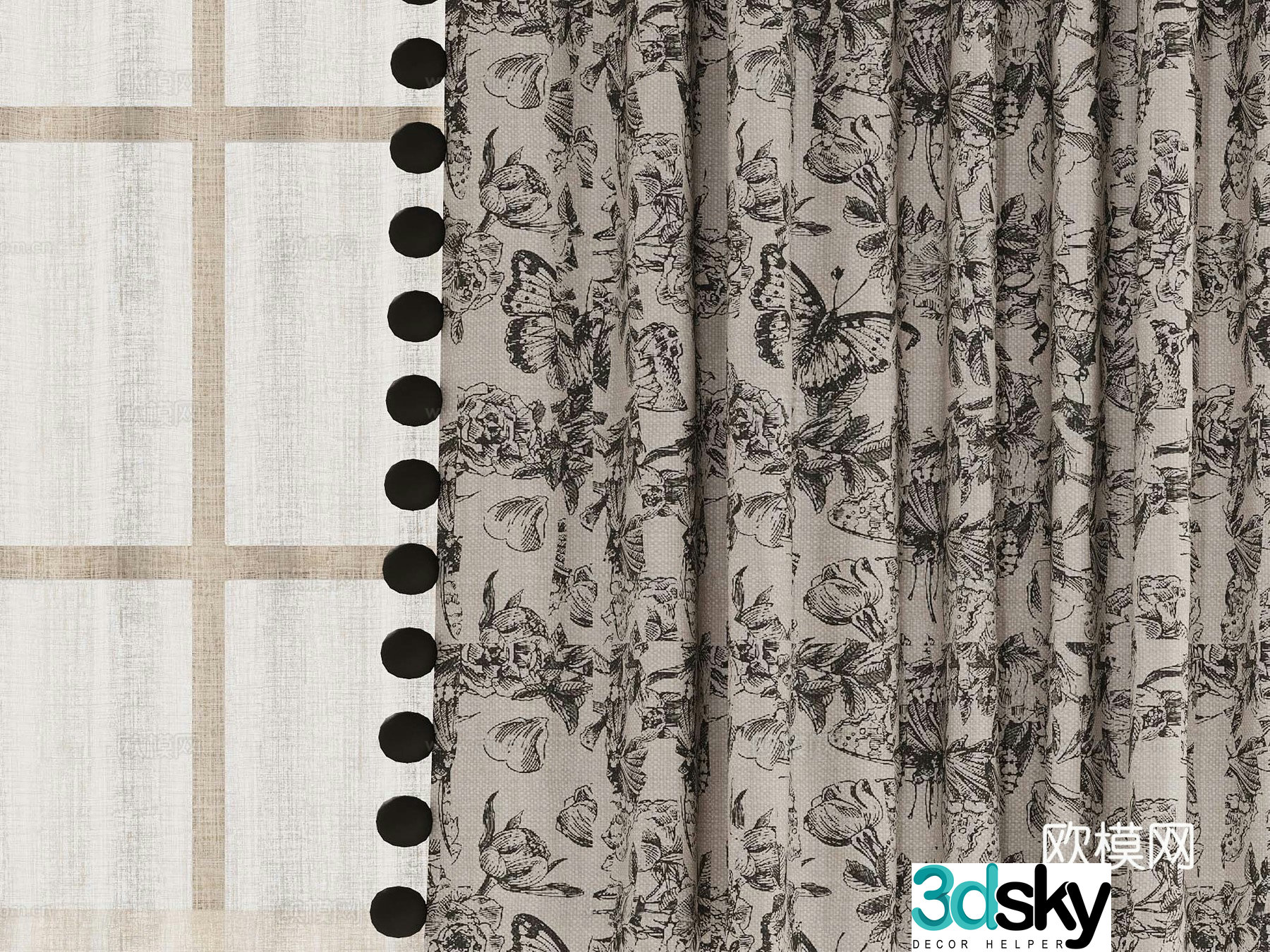 French curtains fabric gauze curtain floral curtain 3d model