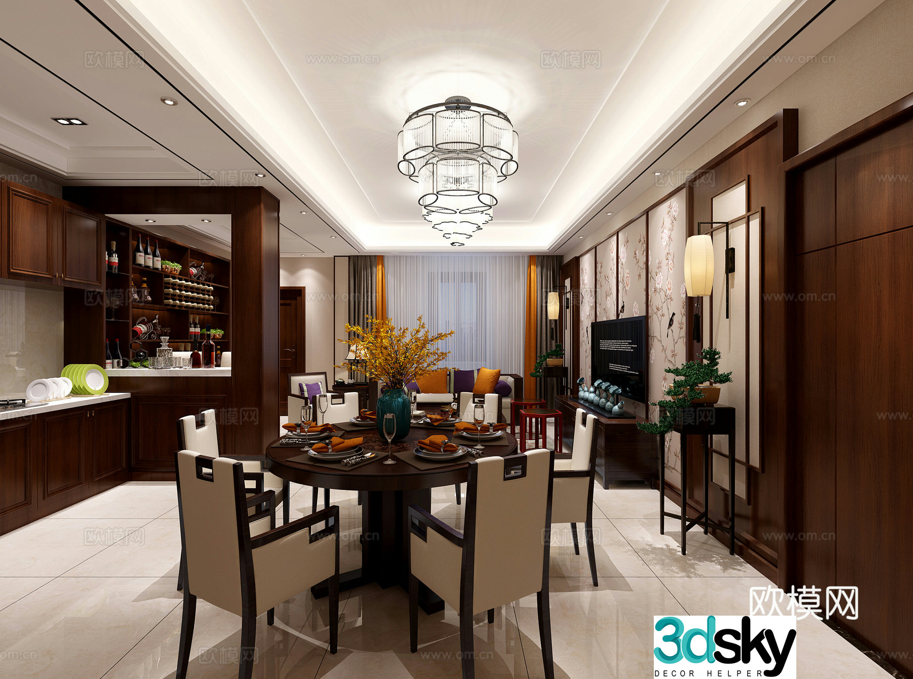 New Chinese style living and dining table chair sofa coffee table chandeliers desktop ornaments 3D model of hanging paintings