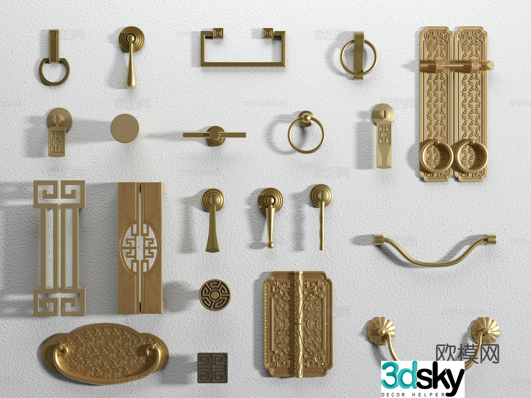 New Chinese style handle brass handle drawer handle classical wardrobe handle cabinet door handle 3D model