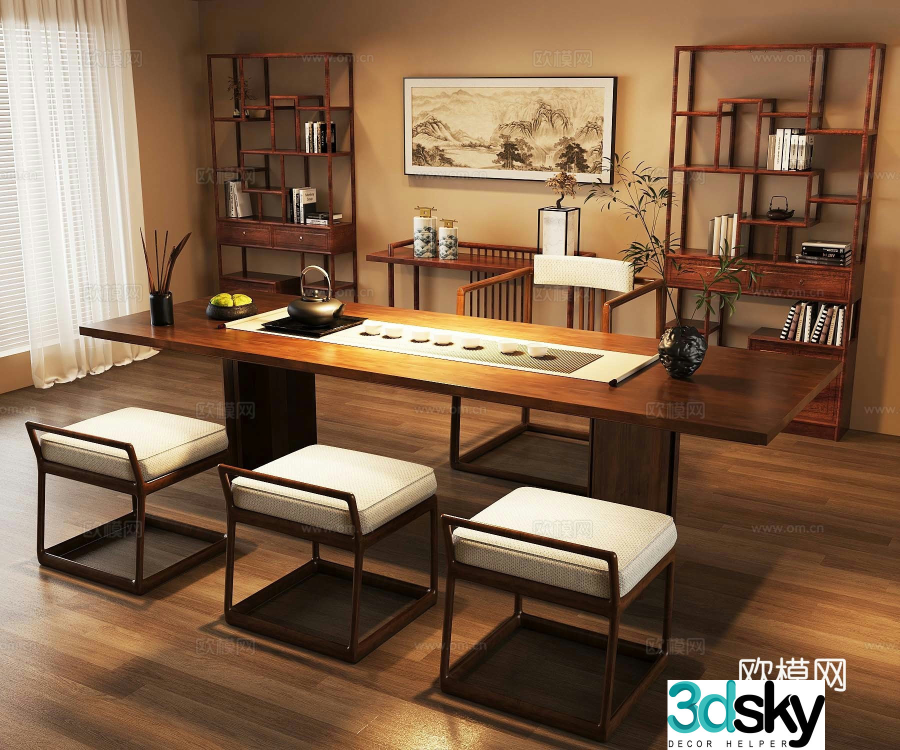 New Chinese-style tea room solid wood tea table and chair ancient shelf tea set 3D model