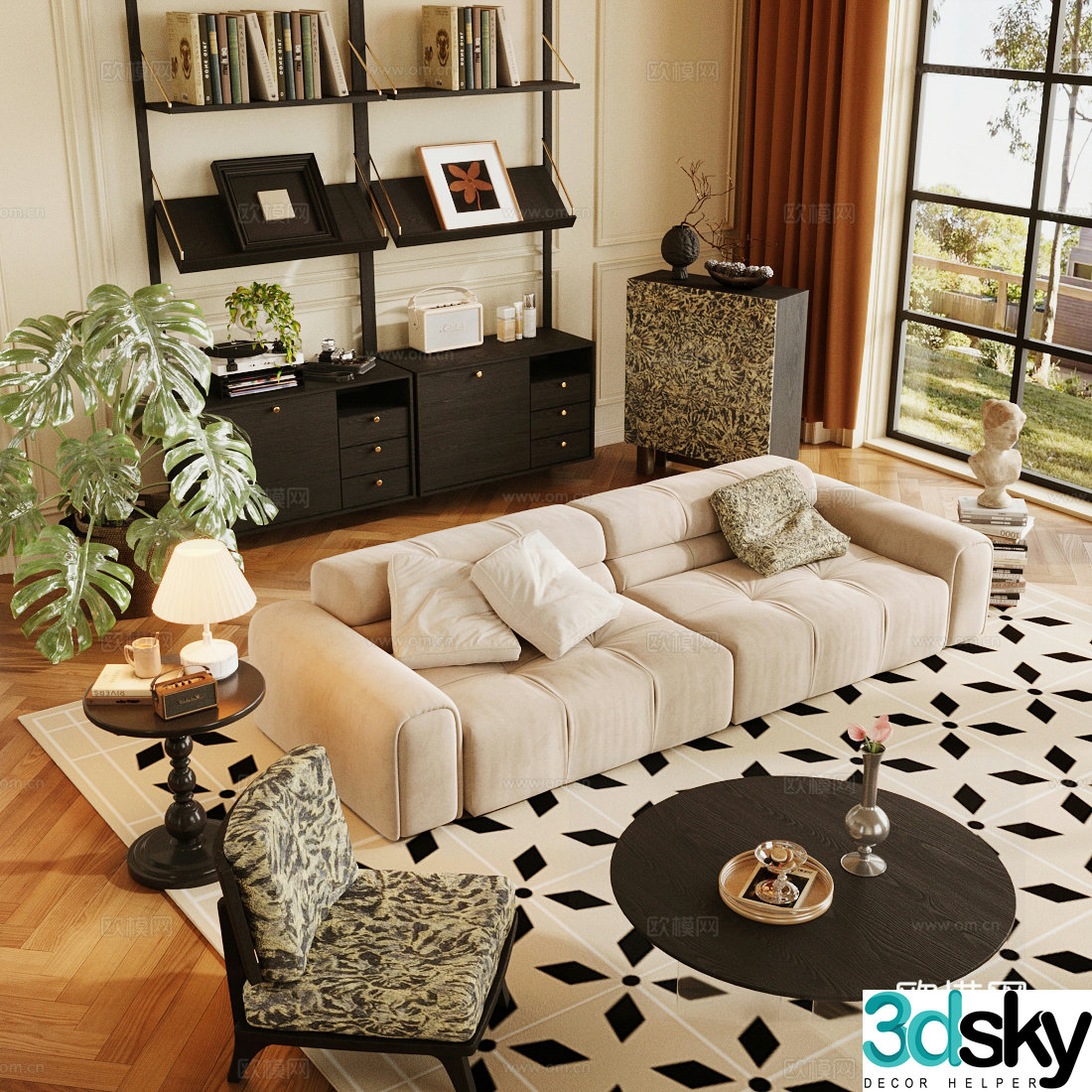 Medium-old sofa combination retro style living room living room sofa coffee table combination medium-old multi-person sofa 3D model
