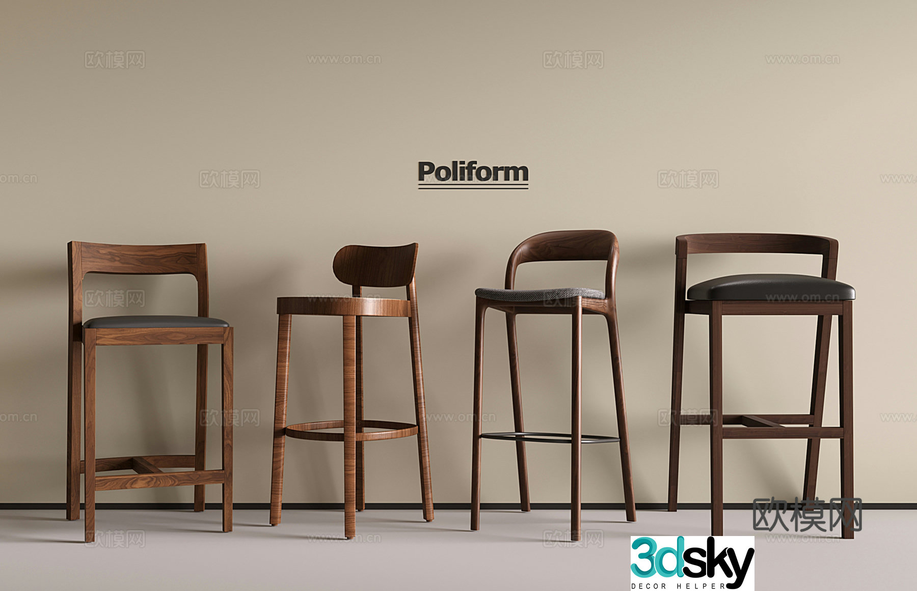 Middle Ages Wasabi Bar Chair Bar Stool Wooden Bar Chair 3D Model