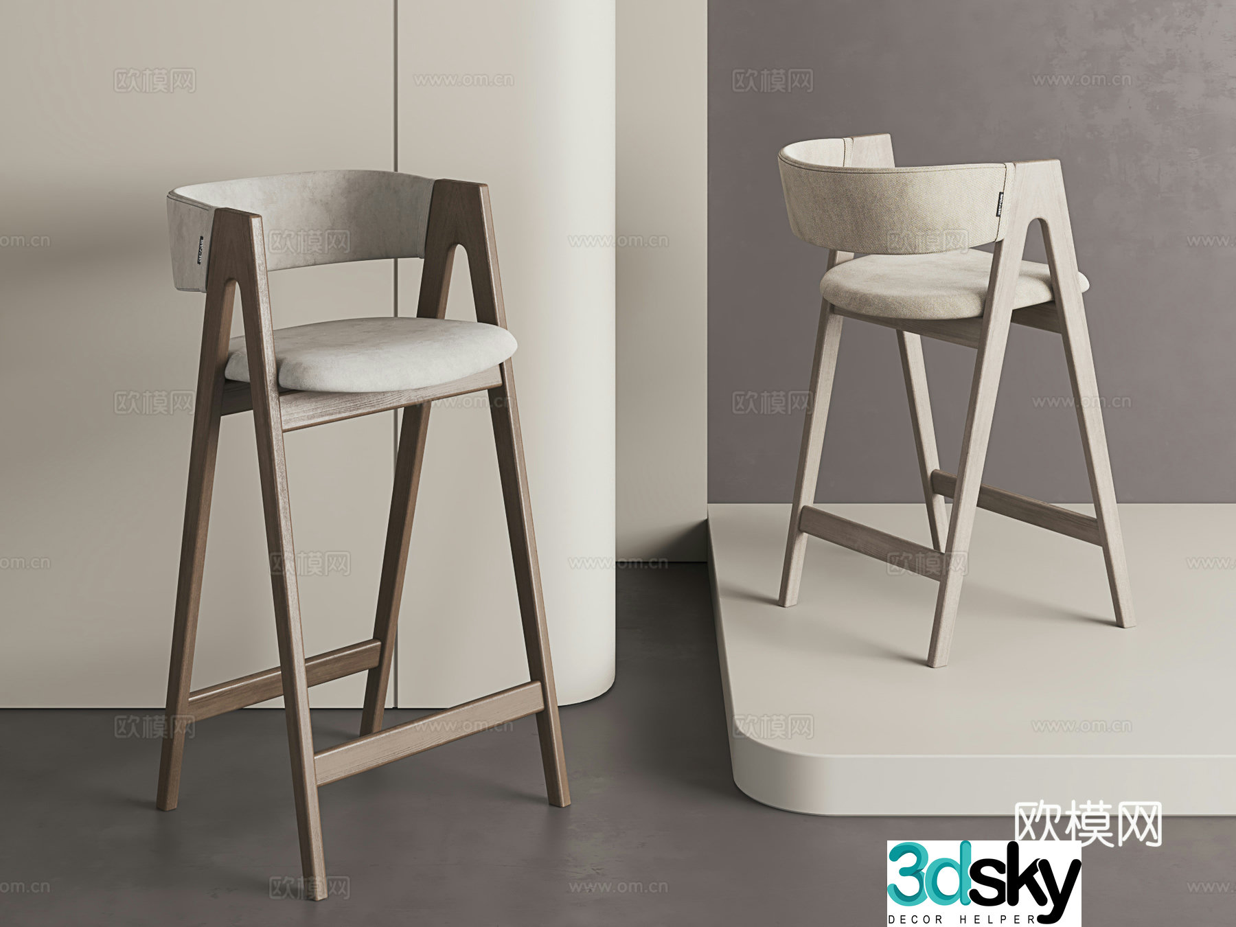Middle-aged high stool retro style bar stool Nordic high stool modern bar stool 3D model