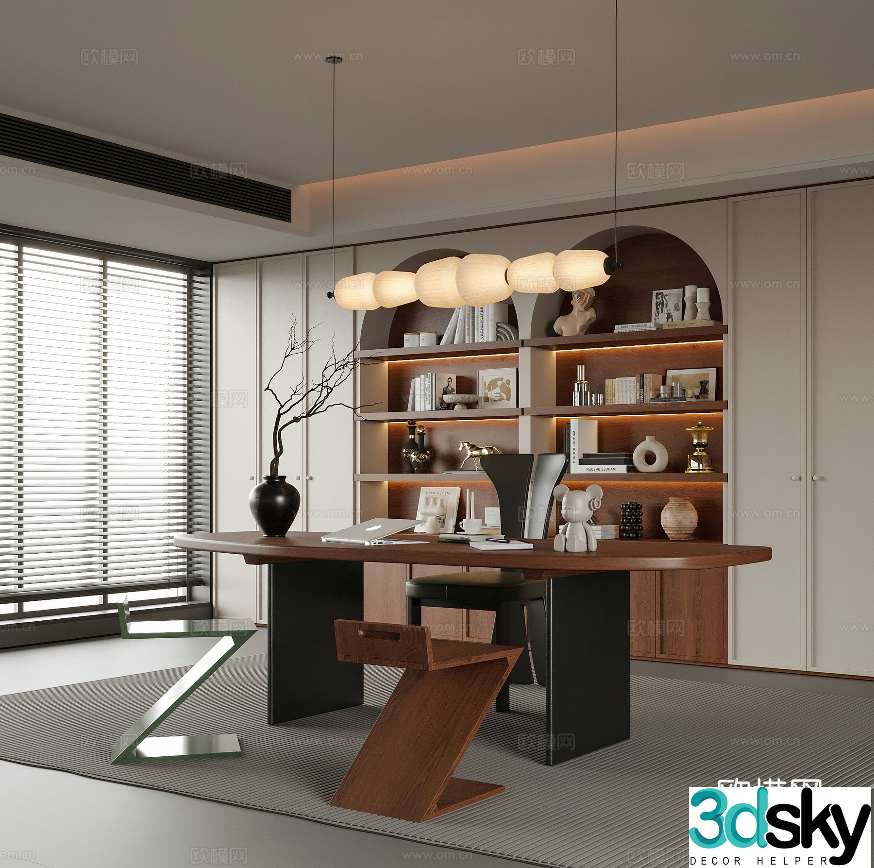 Modern study desk chair bookcase stool 3d model