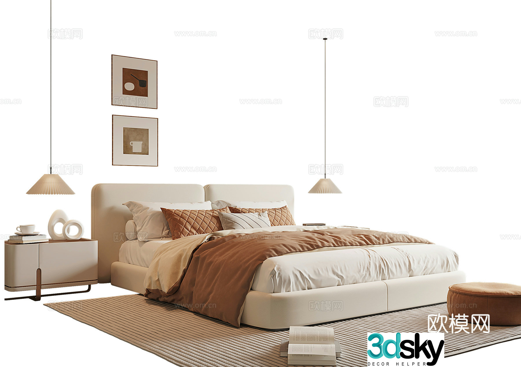 Modern cream style double bed 3d model