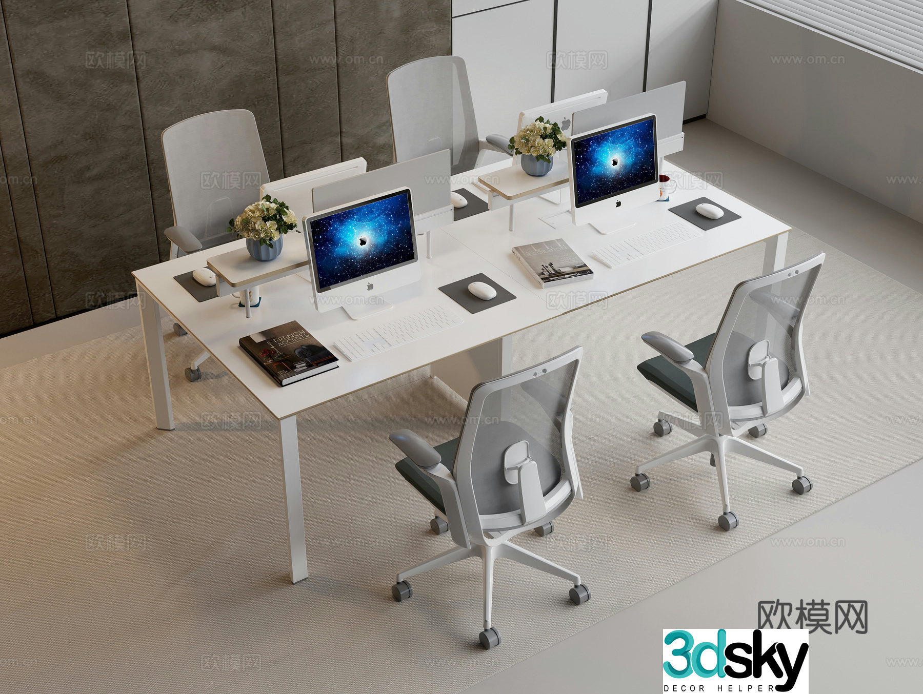 Modern office desk rotating office chair desktop computer keyboard mouse vase flower art books 3d model