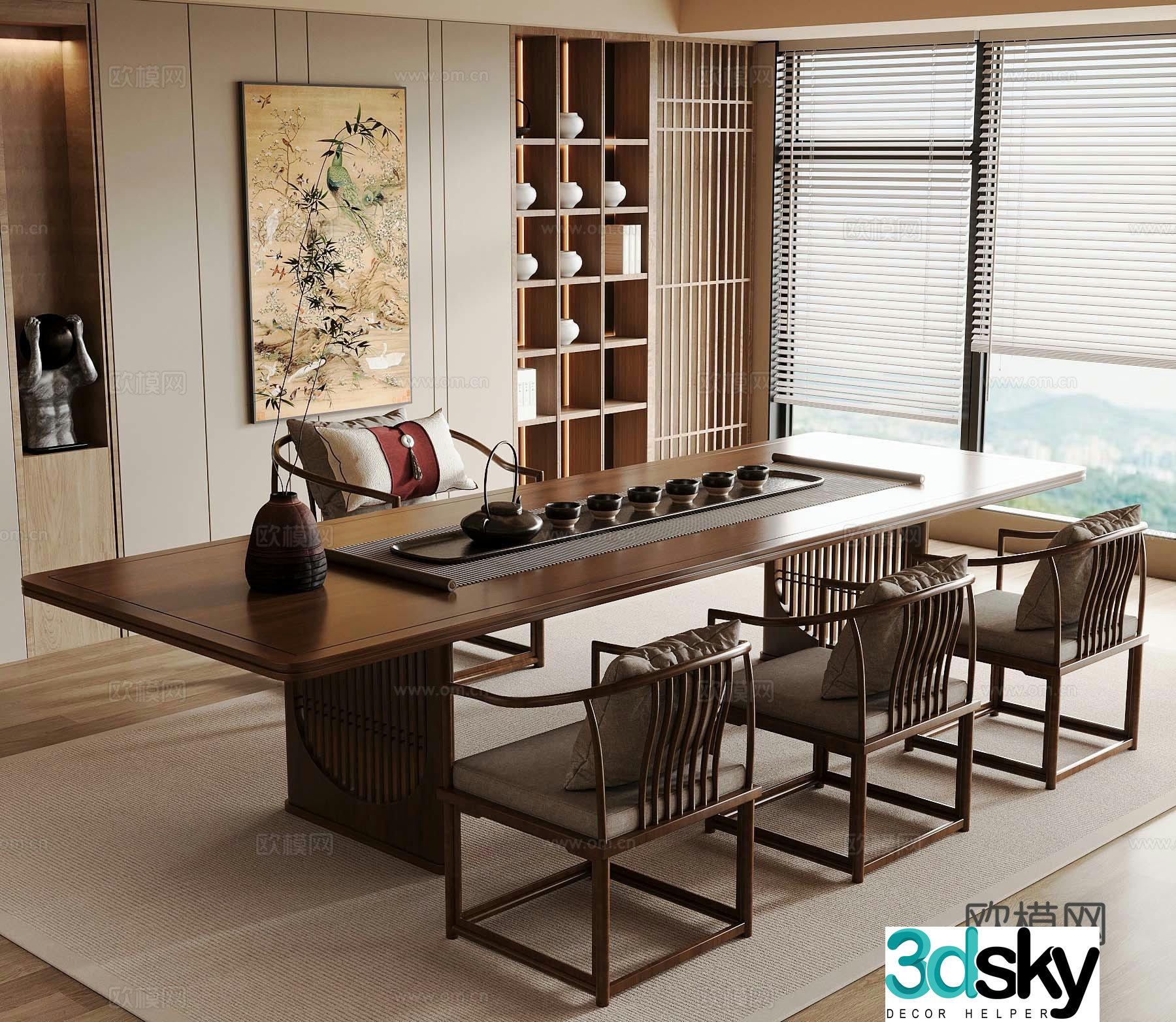 New Chinese-style tea room solid wood tea table and chair ancient shelf tea set 3D model