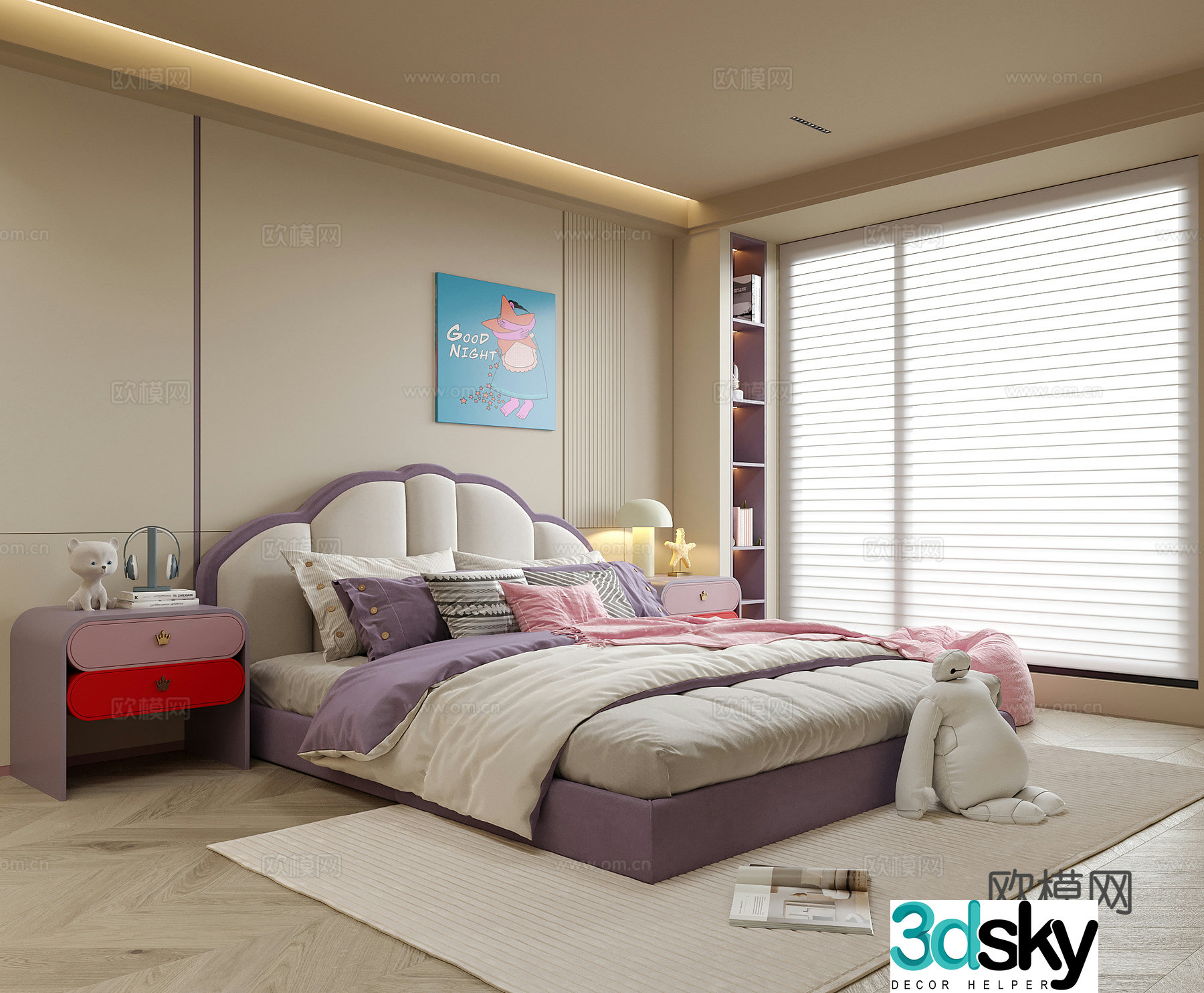 Modern girl room children’s room children’s bed children’s bedside table 3d model