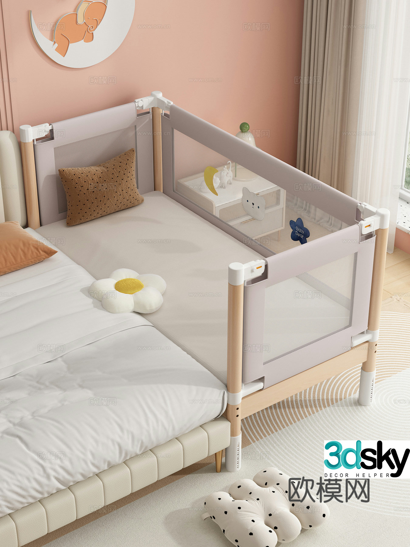 Splicing bed Children’s bed Crib Lifting guardrail bed Pillow 3D model