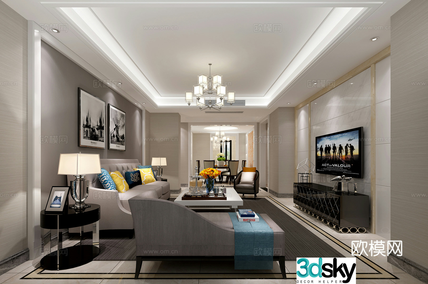 Nordic living restaurant sofa coffee table chandeliers desktop ornaments 3D model of hanging paintings