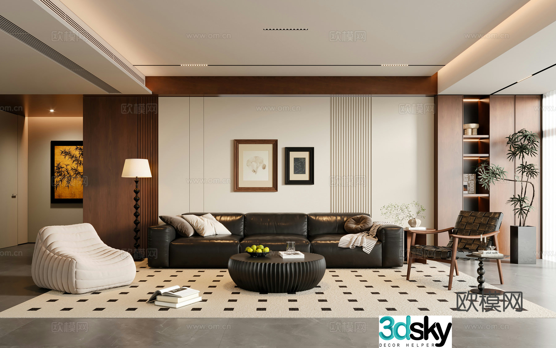Modern medieval living room sofa coffee table three-person sofa leisure chair floor lamp painting floor 3D model