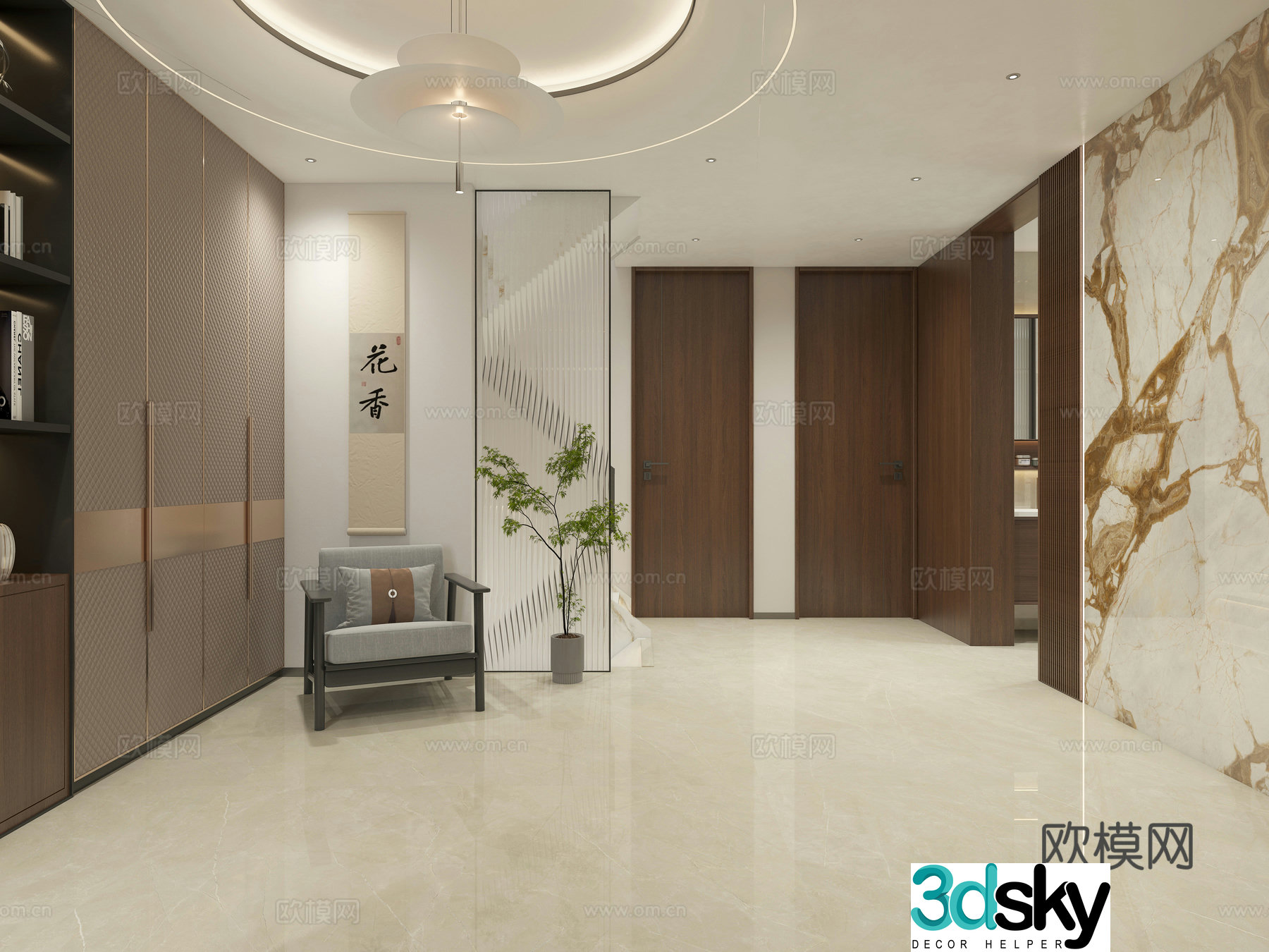 New Chinese style light luxury entrance glass partition decorative painting leisure chair 3d model