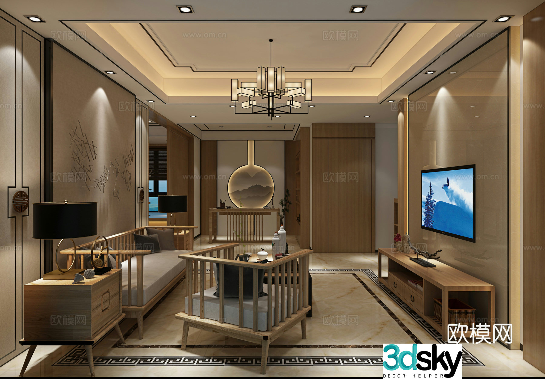 New Chinese style living and dining room tea room sofa and coffee table chandeliers paintings TV cabinets ornaments dining tables and chairs 3D models