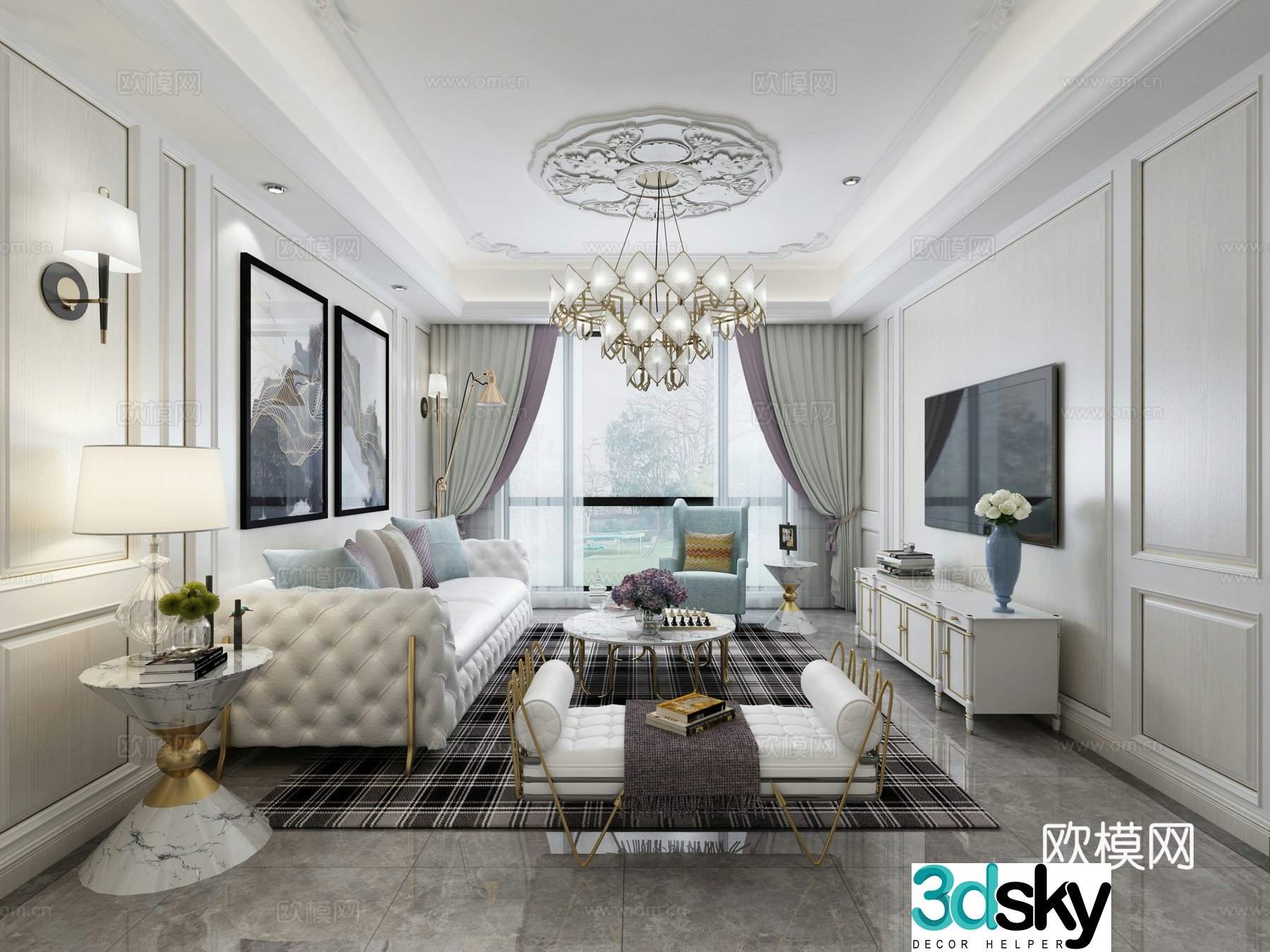 American small and fresh dining room sofa coffee table chandeliers paintings TV cabinets ornaments dining tables and chairs 3D models