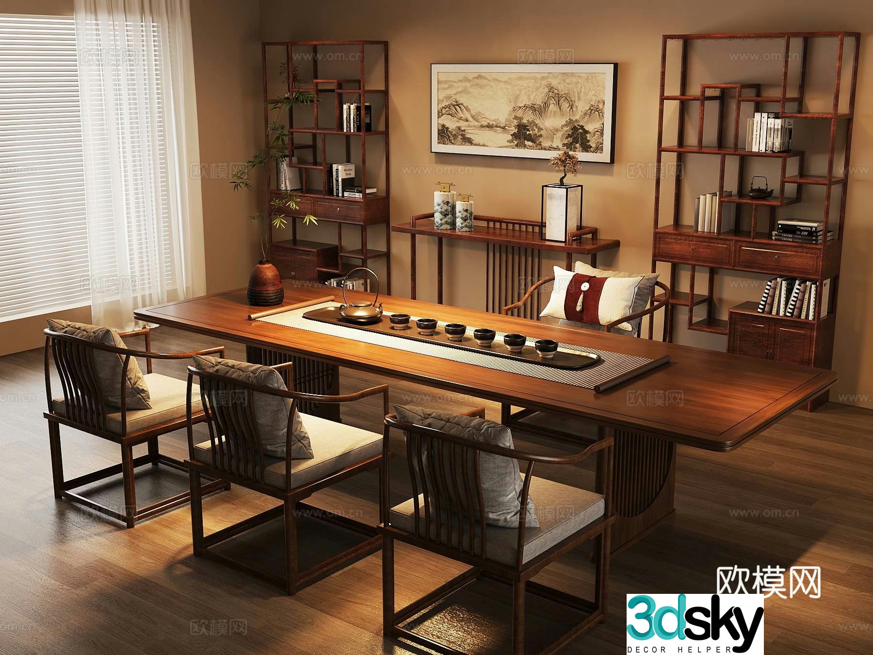 New Chinese-style tea room solid wood tea table and chair ancient shelf tea set 3D model