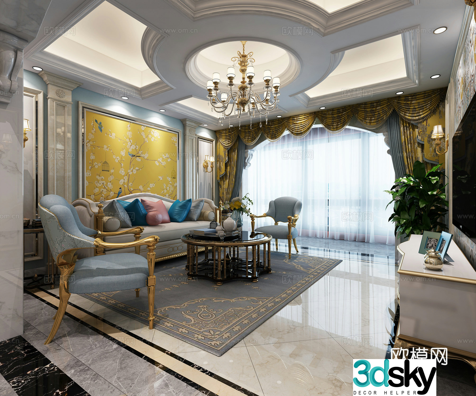 Jianmei Living Restaurant Study Room Sofa Coffee Table Chandelier Hanging Pictures TV Cabinet Ornaments Dining Table Chair 3D Model