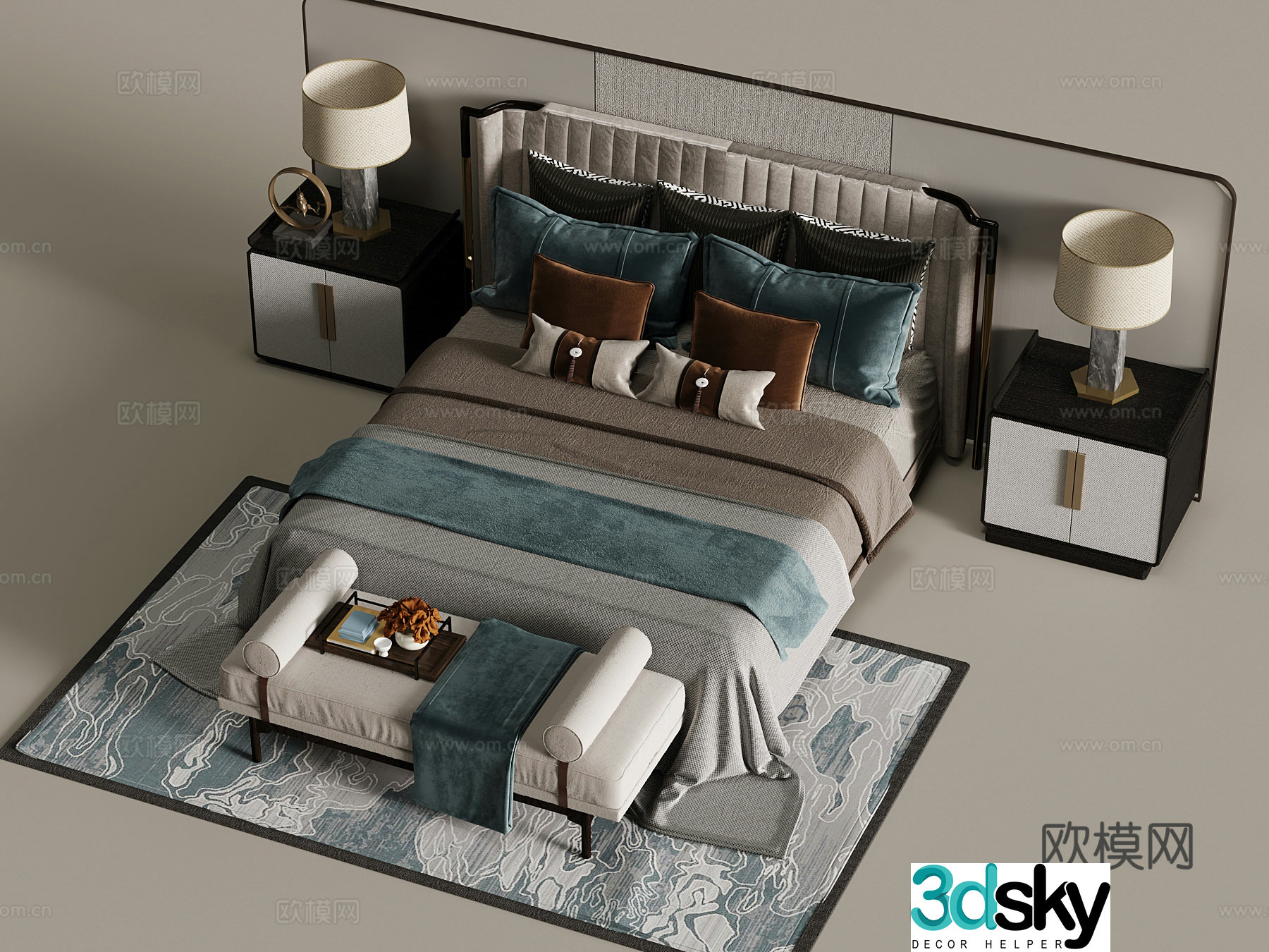 New Chinese style double bed bed nightstand bed stool 3D model