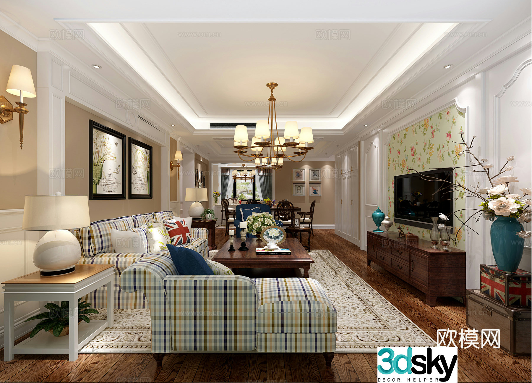 Simple American living and dining room sofa coffee table chandeliers paintings TV cabinets ornaments dining tables and chairs 3D models