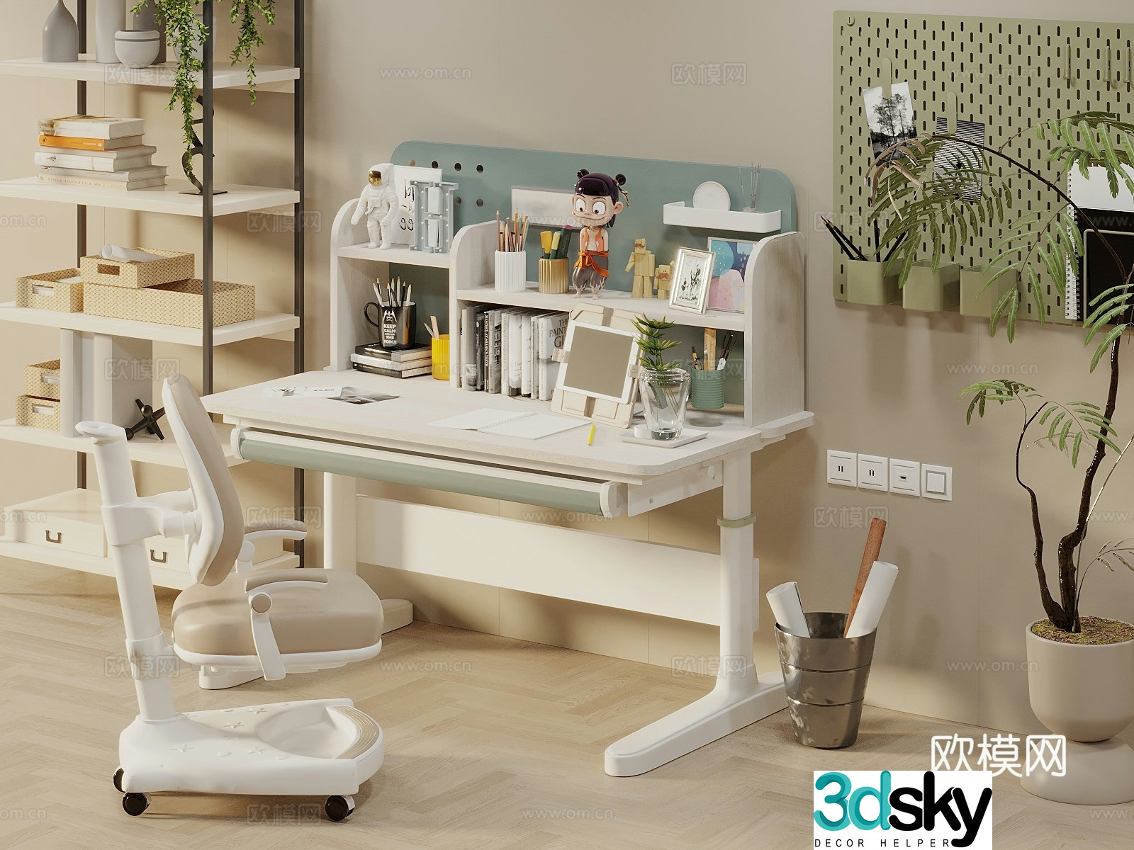 Modern creamy children’s table children’s study table writing table and chair combination lifting table school supplies 3D model