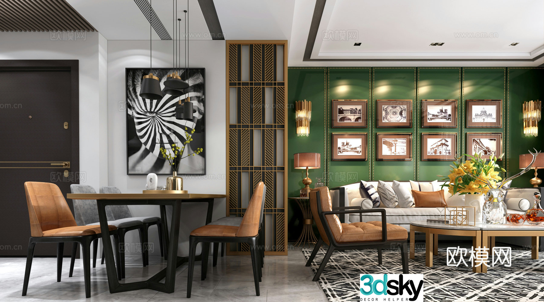 Light luxury living and dining room decorative painting sofa coffee table chandelier 3d model