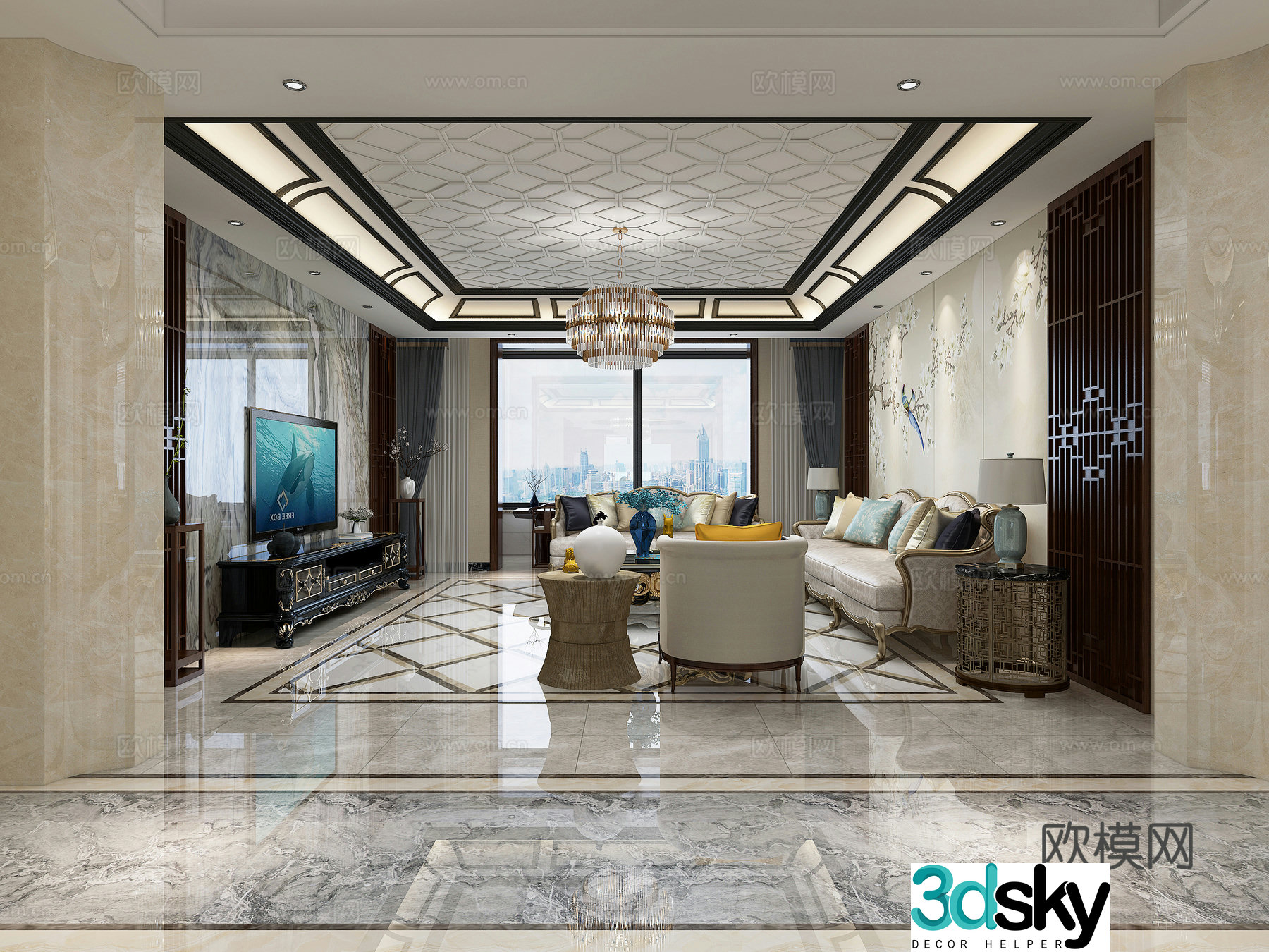 New Chinese style living and dining table chair sofa coffee table chandeliers desktop ornaments 3D model of hanging paintings