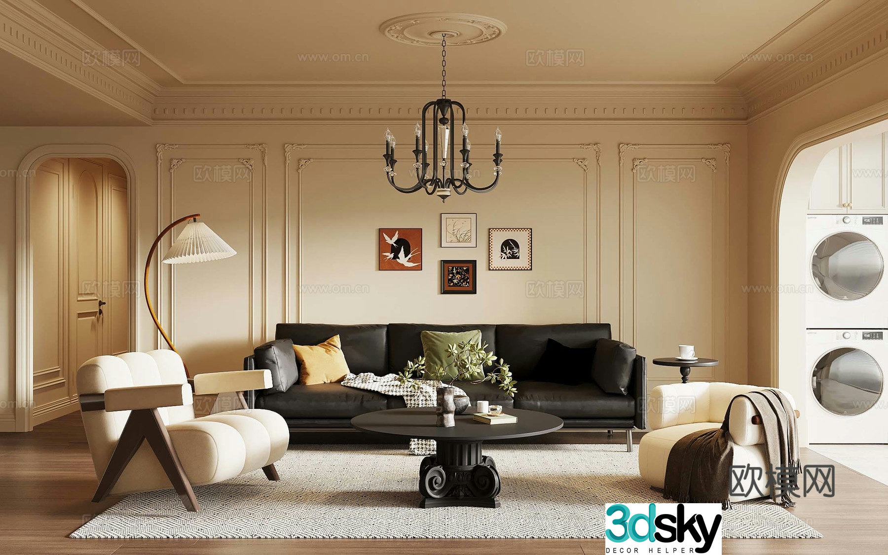French medieval style living room sofa background wall sofa coffee table combination 3D model