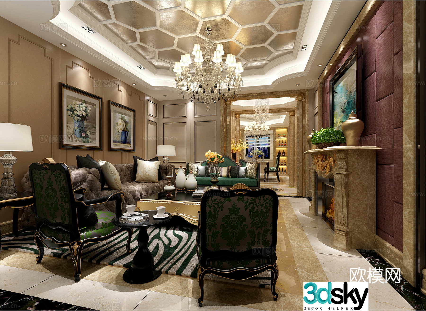 Neoclassical Chinese style living and dining room sofa coffee table chandeliers paintings TV cabinets ornaments dining tables and chairs 3D models