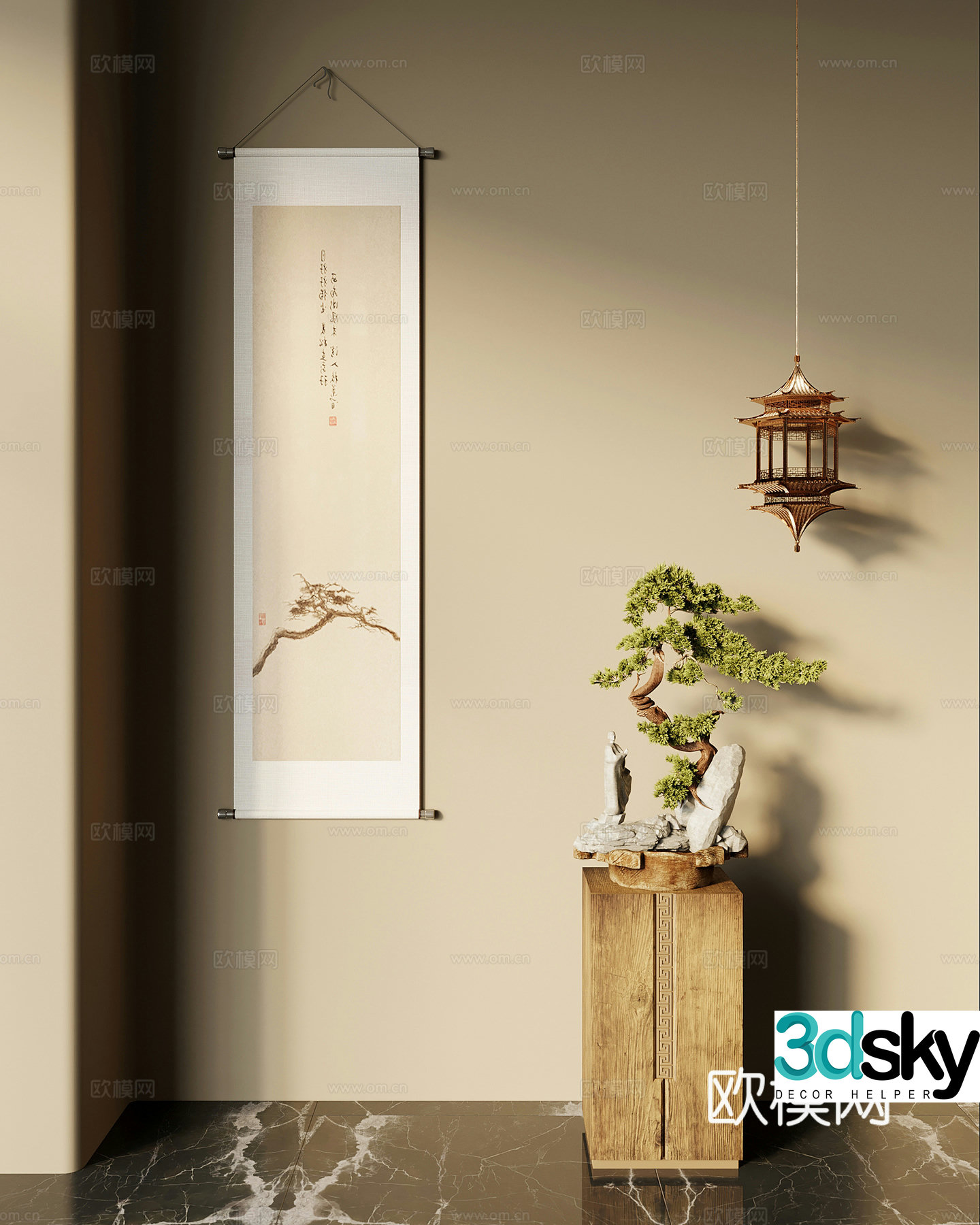 Sculpture ornaments New Chinese style sculpture ornaments Pine bonsai Chandelier Hanging painting 3D model