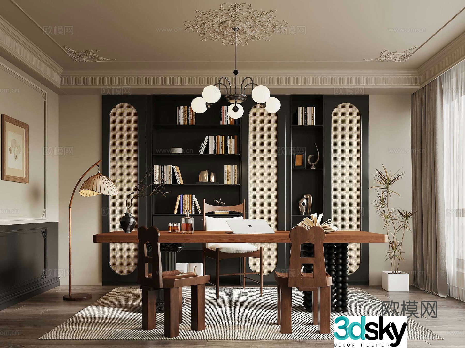 French retro style study bookcase desk chair 3d model