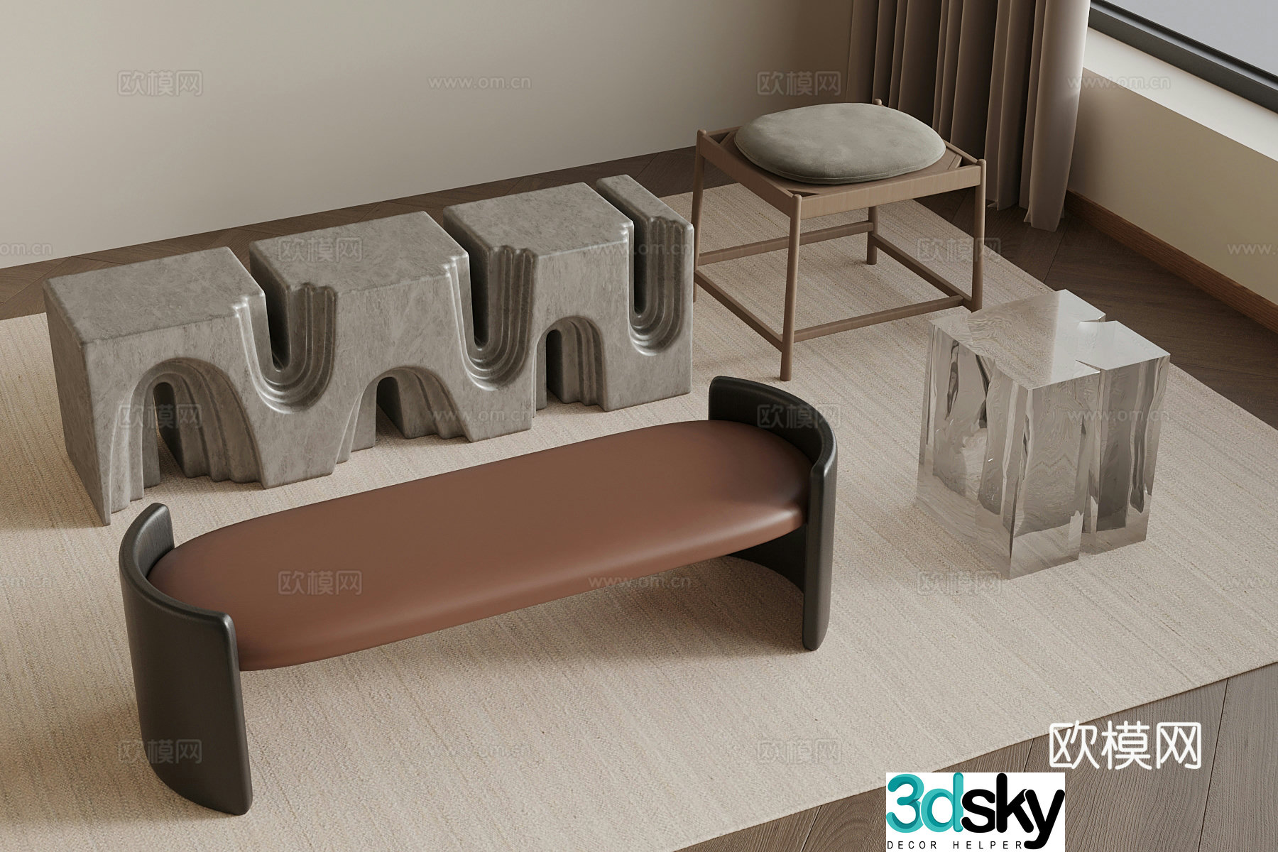 Modern shoe changing stool bench square stool low stool 3d model