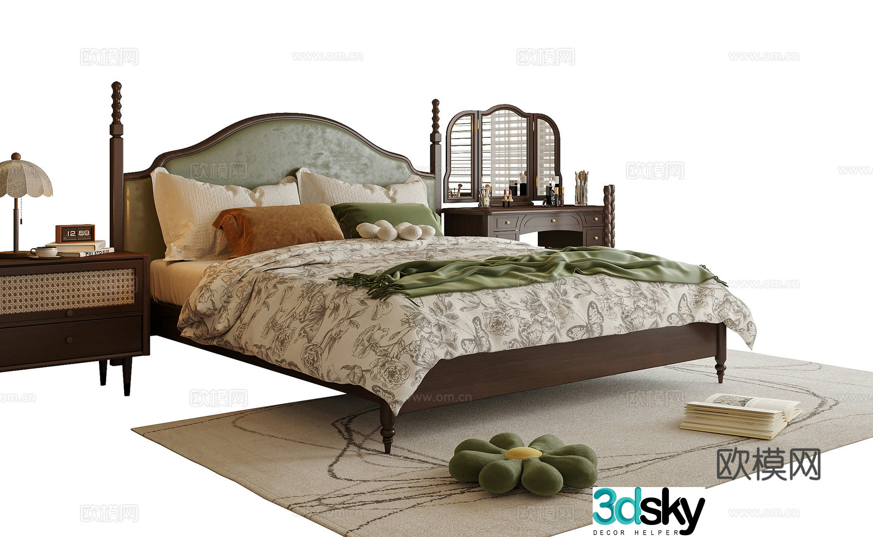 American double bed dressing table carpet 3d model