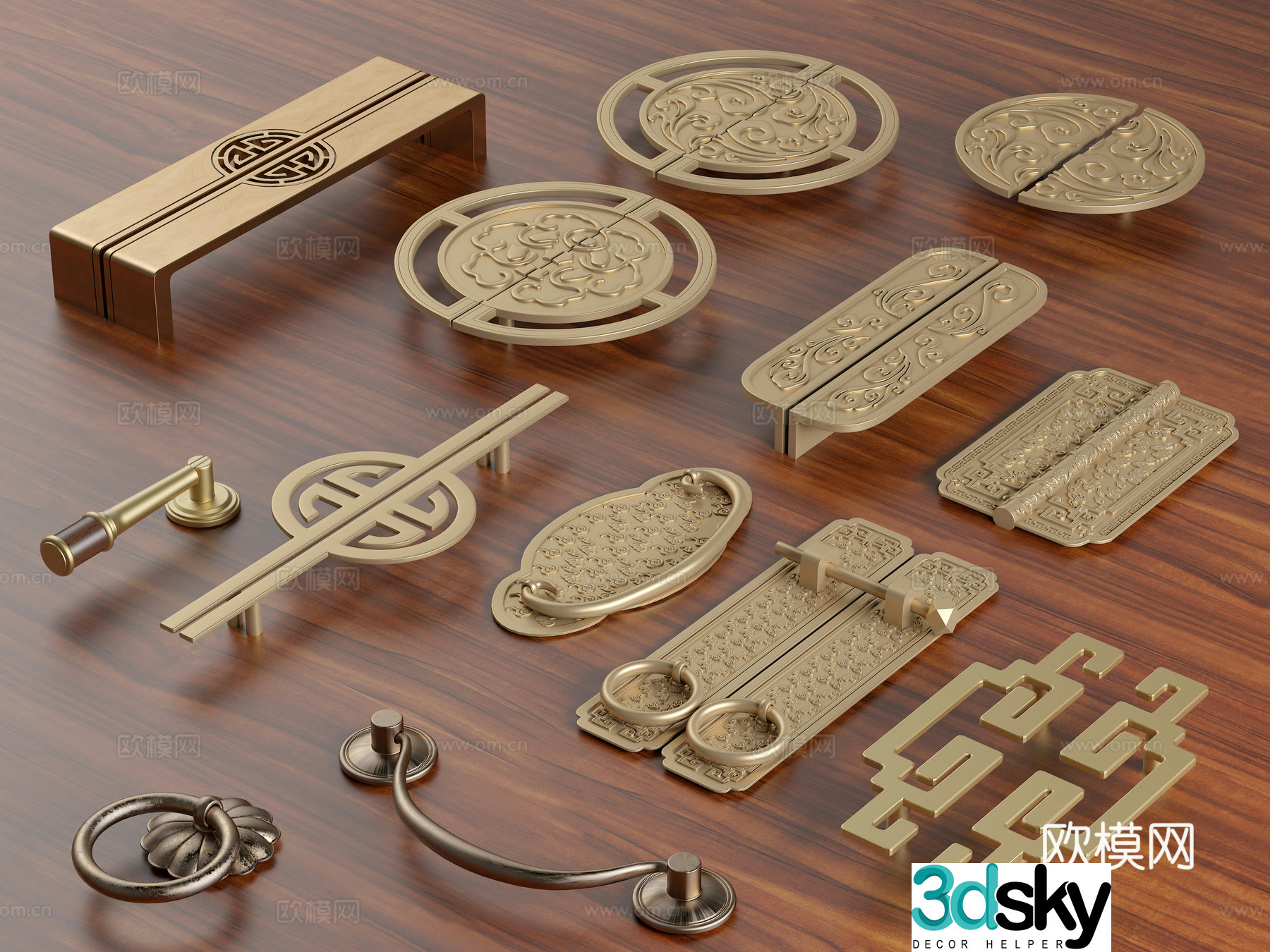 New Chinese style handle brass handle drawer handle classical wardrobe handle cabinet door handle 3D model