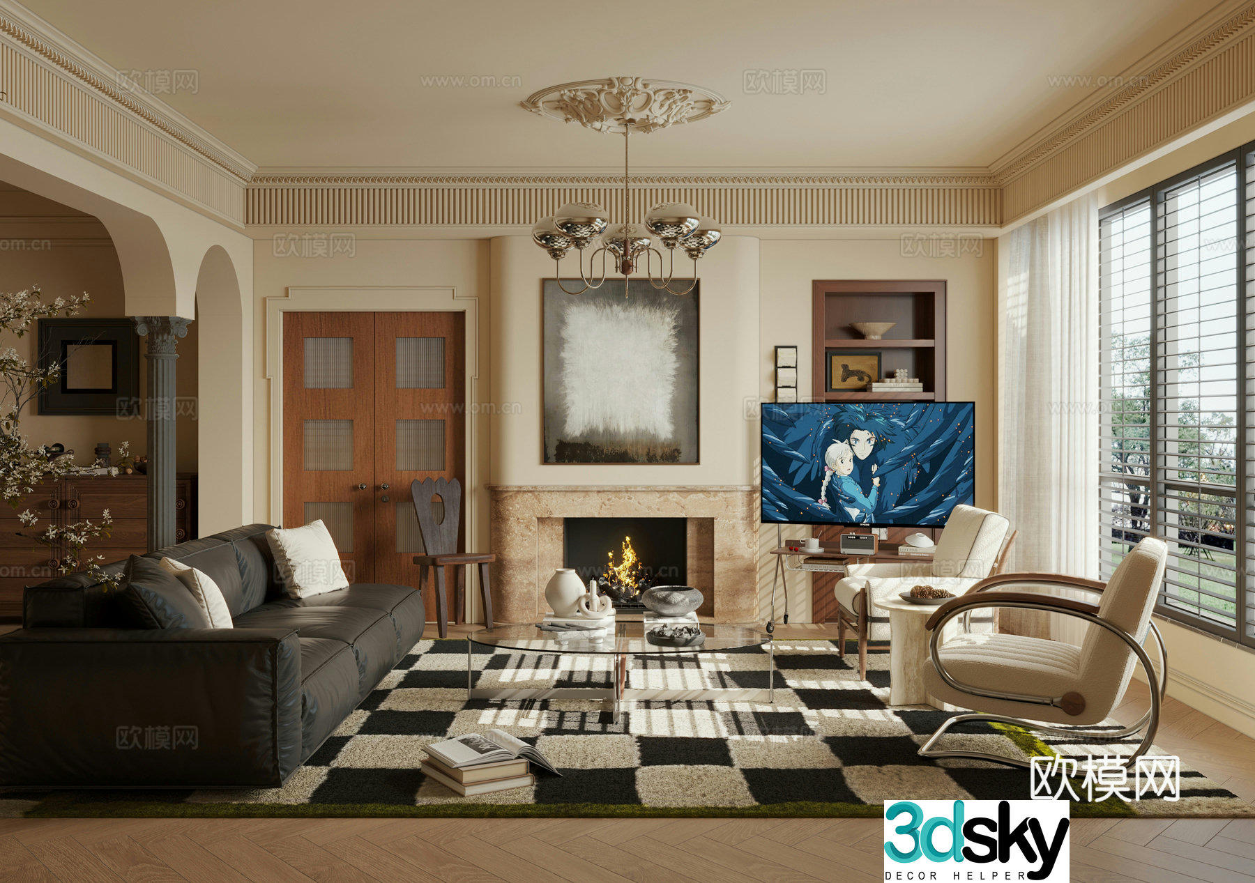 French medieval style living room horizontal hall small apartment 3D model