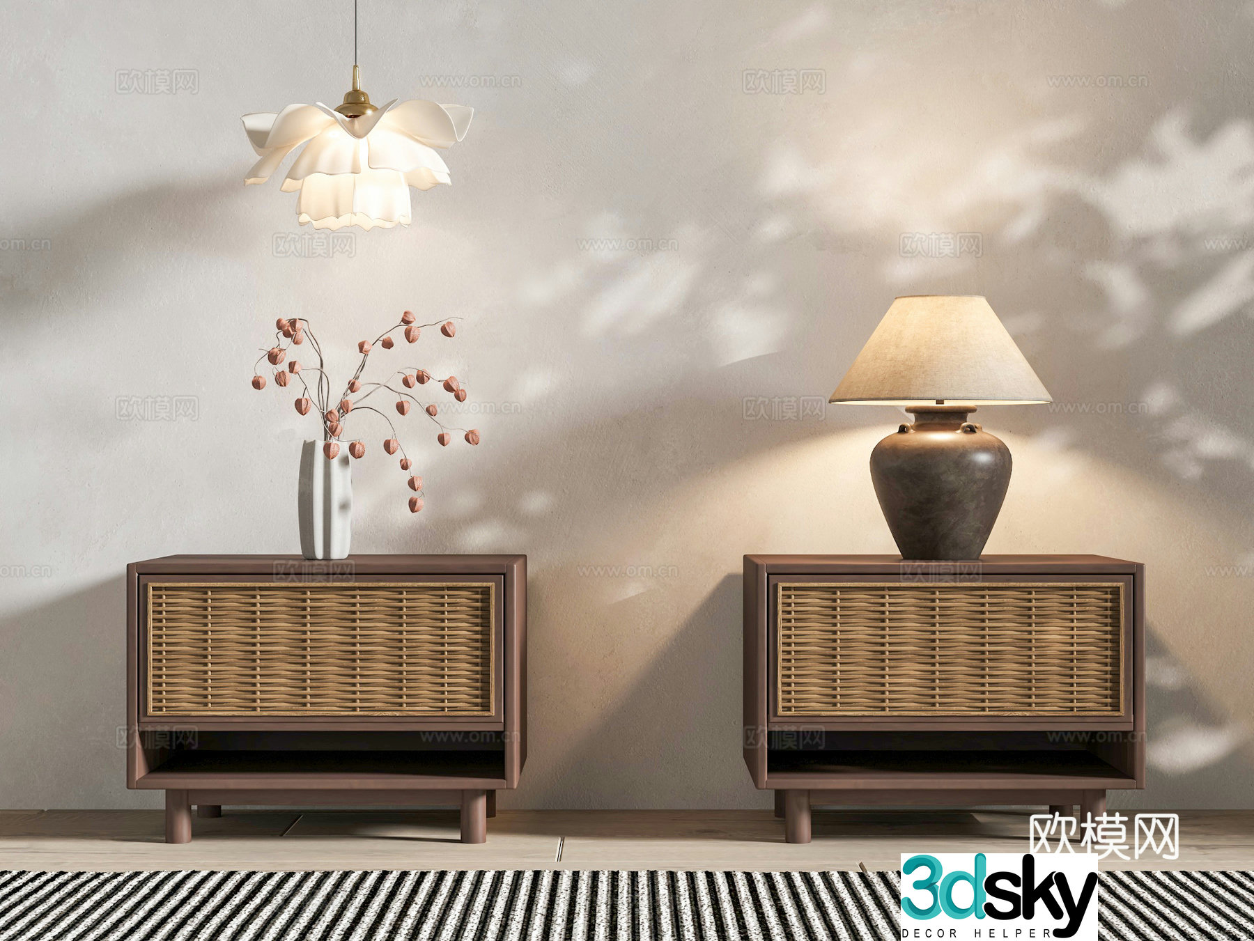 Middle-aged rattan bedside table Japanese bedside table desk lamp art small chandeliers 3D model