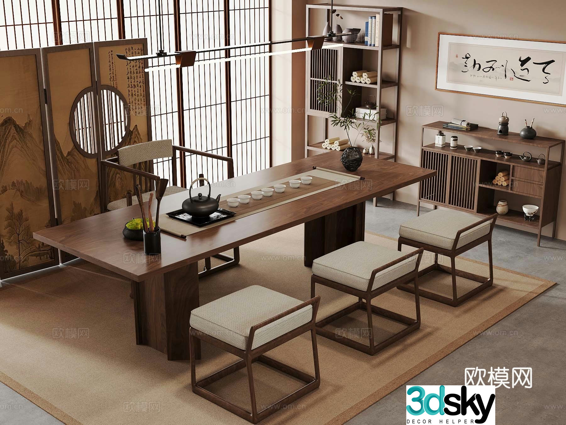 New Chinese-style tea room solid wood tea table and chair combination tea cabinet screen 3D model