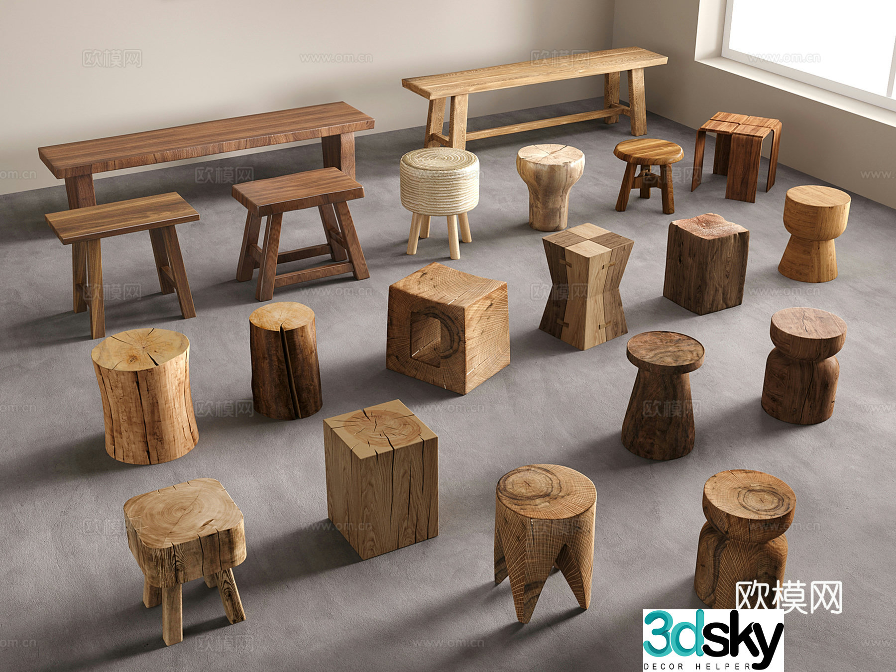 Modern wooden stool wooden pile low stool long stool stool 3d model