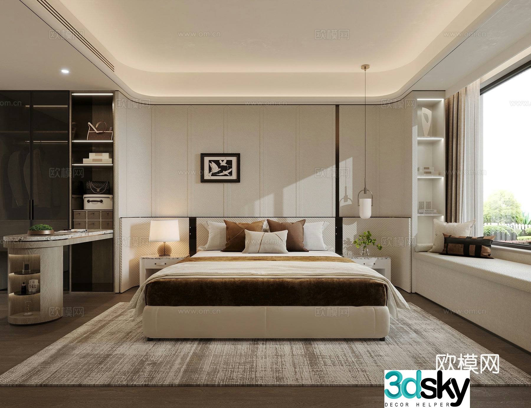 Bedroom dressing table wardrobe bedding lamp bay window mat background wall hard bag luggage 3D model
