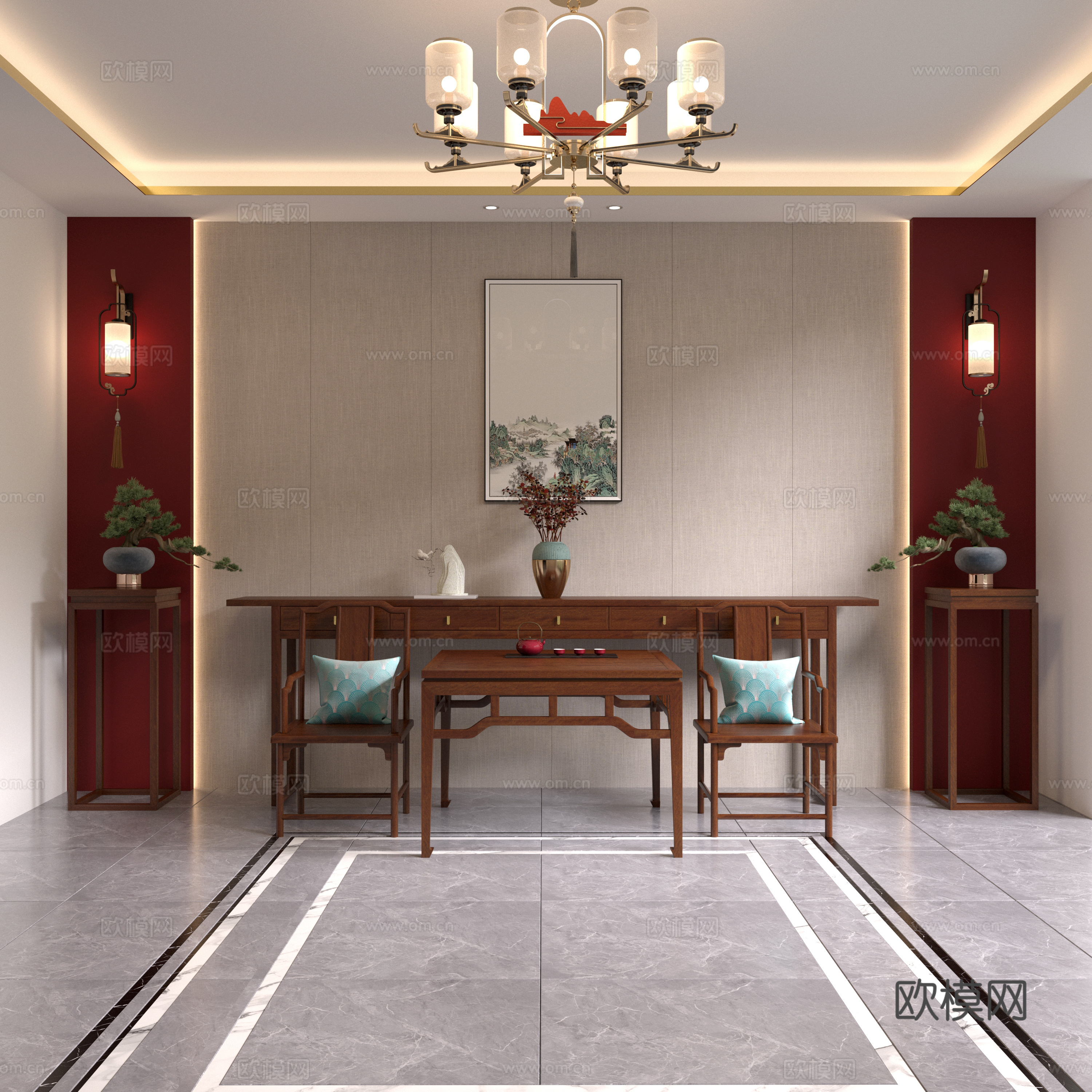 New Chinese style midtown hall entrance hall end view platform flower stand eight immortal table incense table 3D model