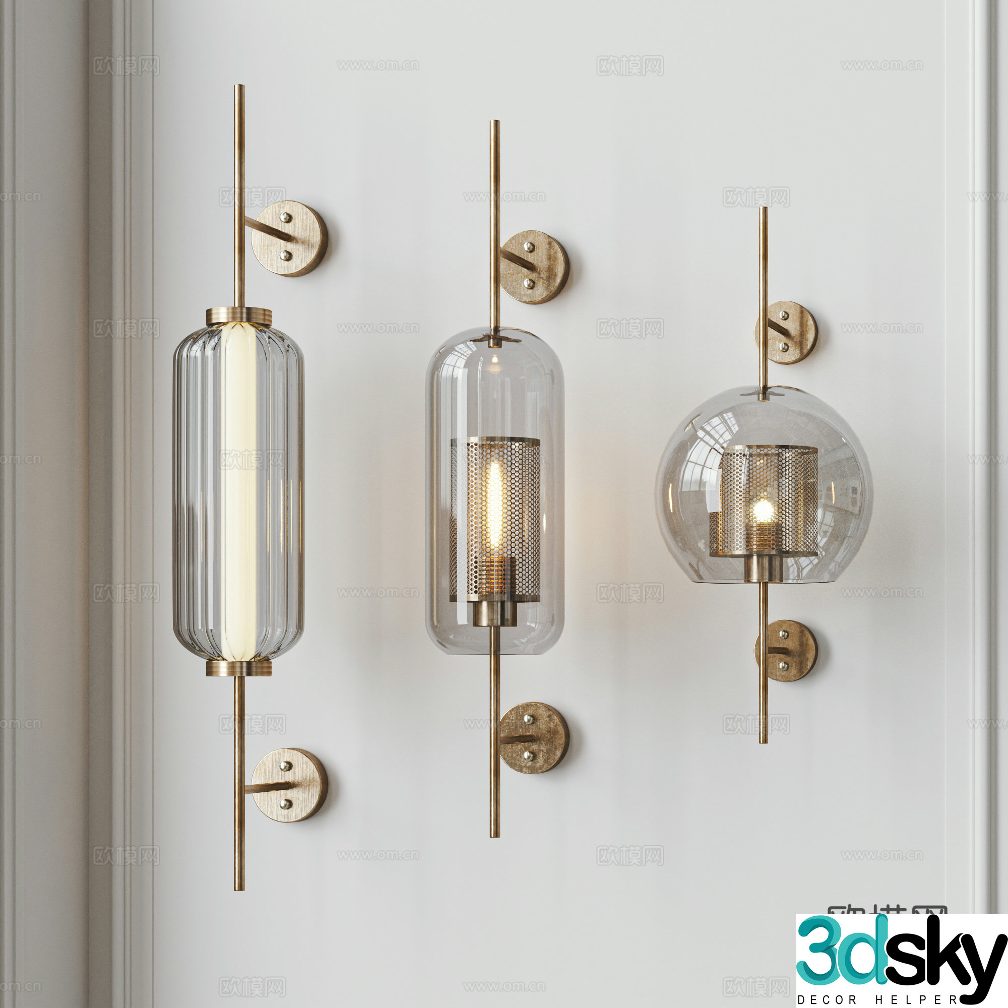 Modern wall lamp combination New Chinese style wall lamp Light luxury wall lamp Metal wall lamp Glass wall lamp 3D model