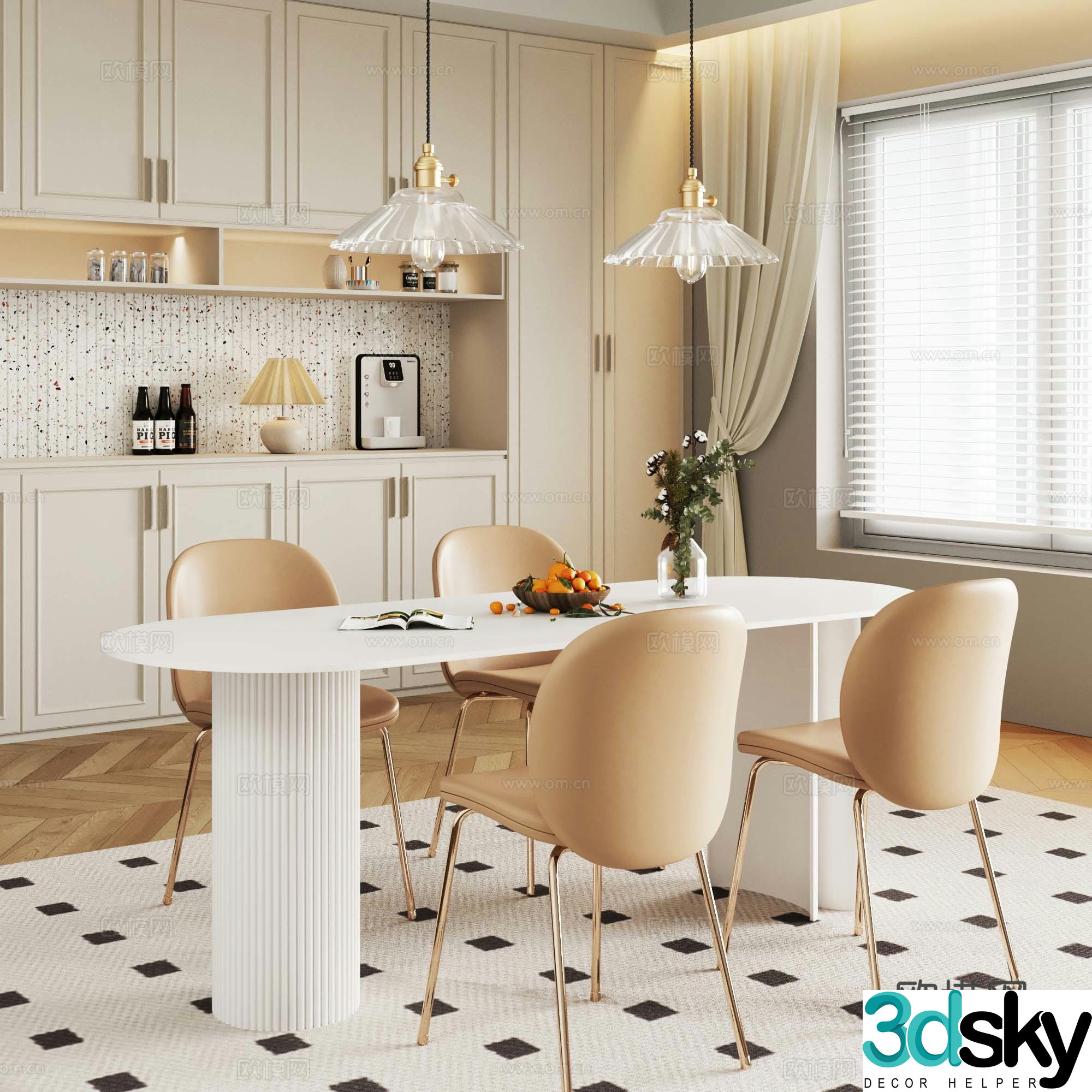 French cream restaurant dining table wine cabinet chandelier 3d model