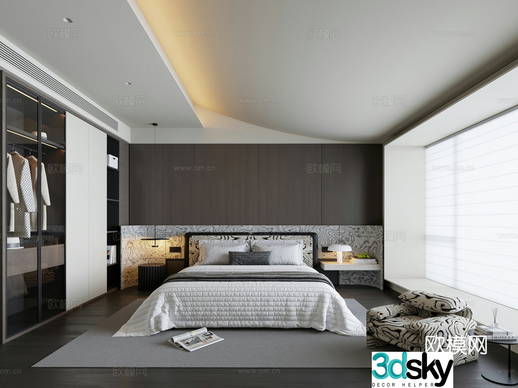 Modern bedroom Italian bedroom Double bed Wardrobe Single sofa 3d model