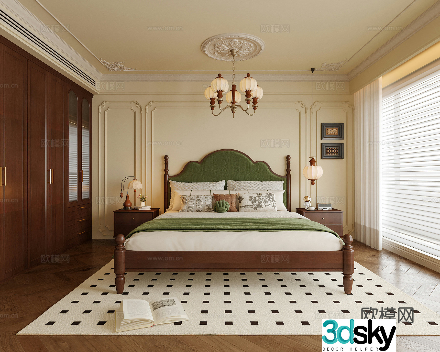 French bedroom double bed nightstand wardrobe bedroom chandeliers 3d model
