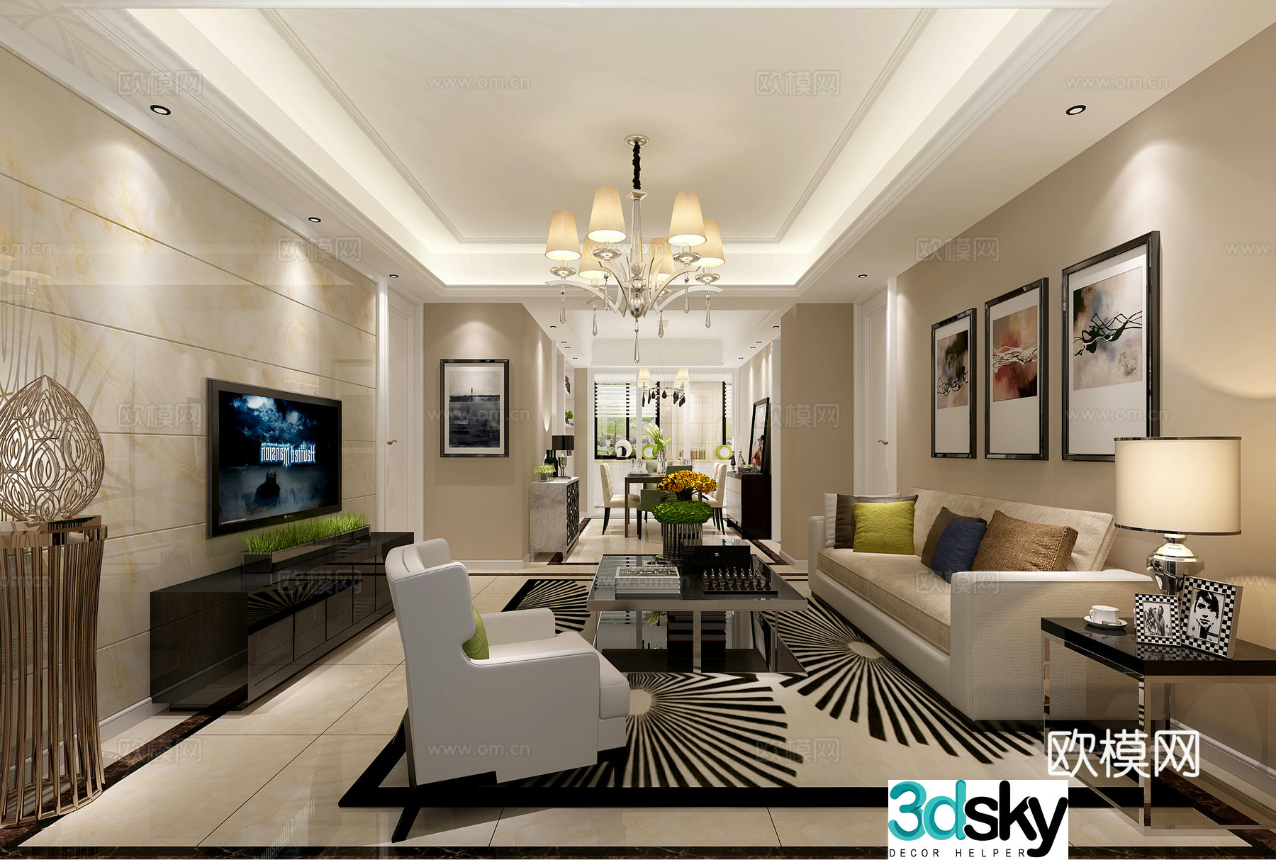 Nordic living restaurant sofa coffee table chandeliers desktop ornaments 3D model of hanging paintings