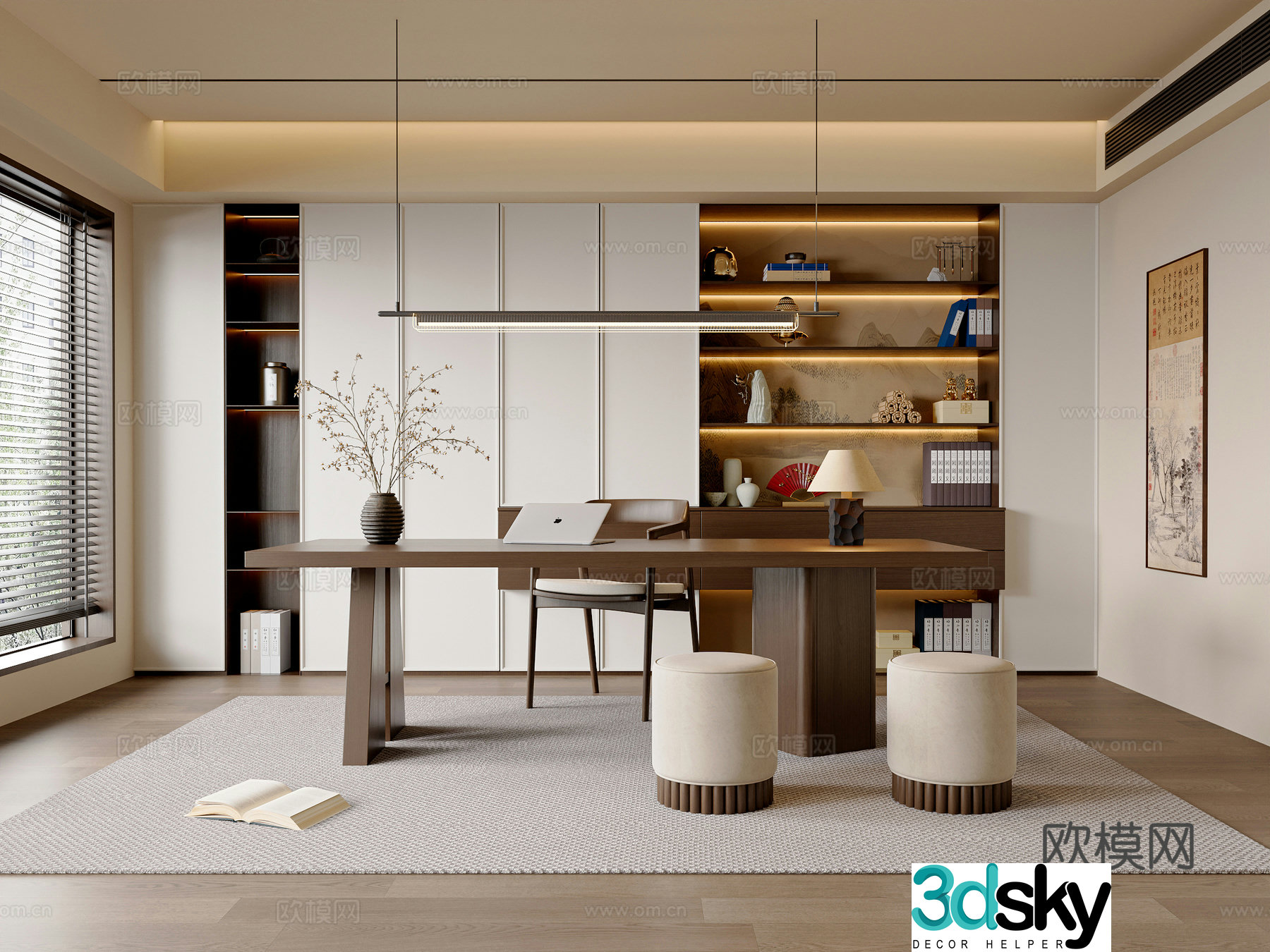 New Chinese style Song style study room desk and chair combination bookcase new Chinese style study room ornaments chandelier stool 3D model