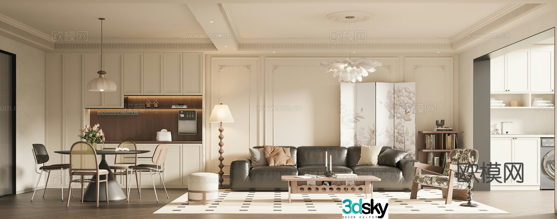 French retro living and dining room 3d model